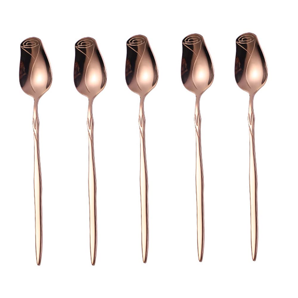 Premium 5-Pack Rose Gold Stainless Steel Spoons Set - Elegant Rose Flower Shaped Coffee, Dessert, Ice Cream & Tea Spoons - Perfect for Gifting, Parties, Dining & Holiday Celebrations