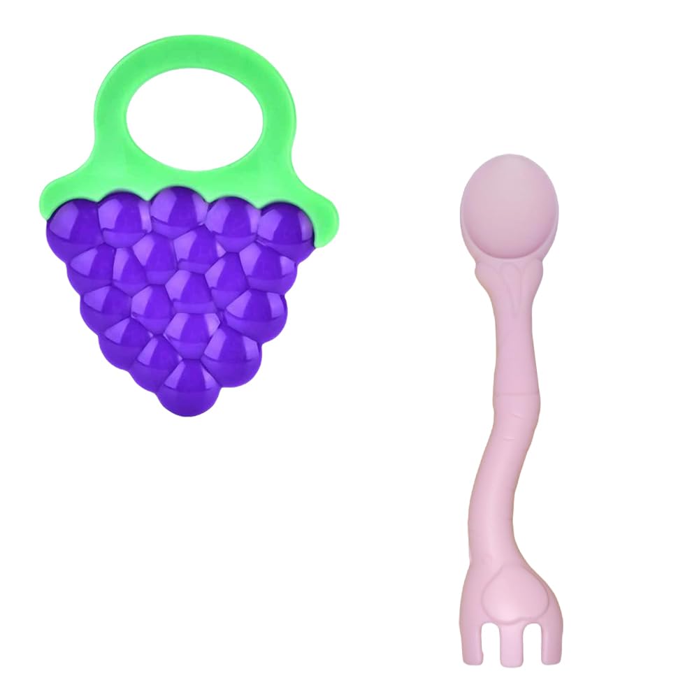 Kritiu Fruits Teether & Spoons Combo - BPA-Free Silicone Baby Feeding Set | Soft & Safe Infant Utensils for 6+ Months | Blue-Grapes & Pink | Perfect for First Foods, Baby-Led Weaning & Teething Relief
