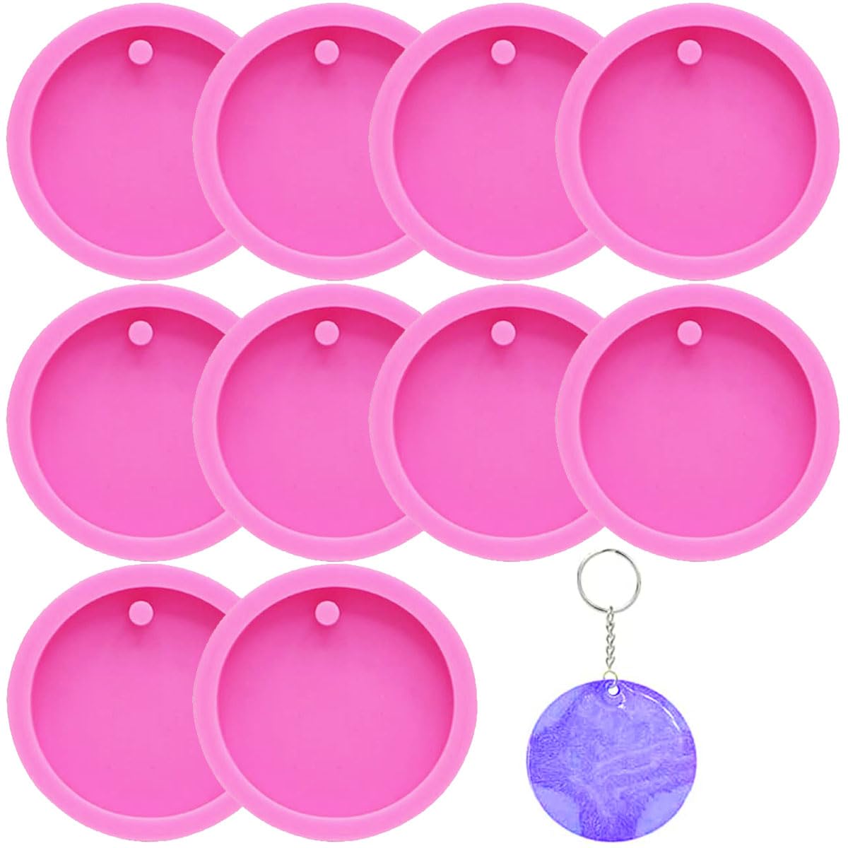 10 Pack Silicone Keychain Molds - 2 Inch Round Flat Circle Resin Casting Molds with Hole for DIY Jewelry Making, Epoxy Charms, Pet Tags, Earrings & Crafts - Perfect for Handmade Gifts, Party Favors and DIY Projects