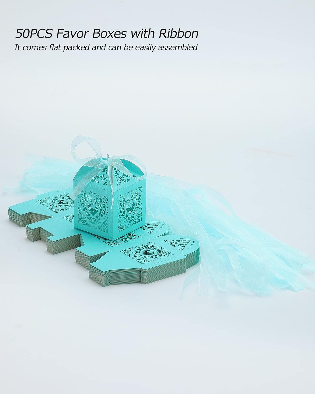 50 Pack Blue Wedding Favor Boxes with Heart Cutouts - Elegant Mini Gift Boxes for Chocolates & Candies - Perfect for Weddings, Baby Showers & Birthday Parties - Includes Decorative Ribbon (2x2x2 Inches) - Great for Party Favors, Guest Gifts & Special Occasions