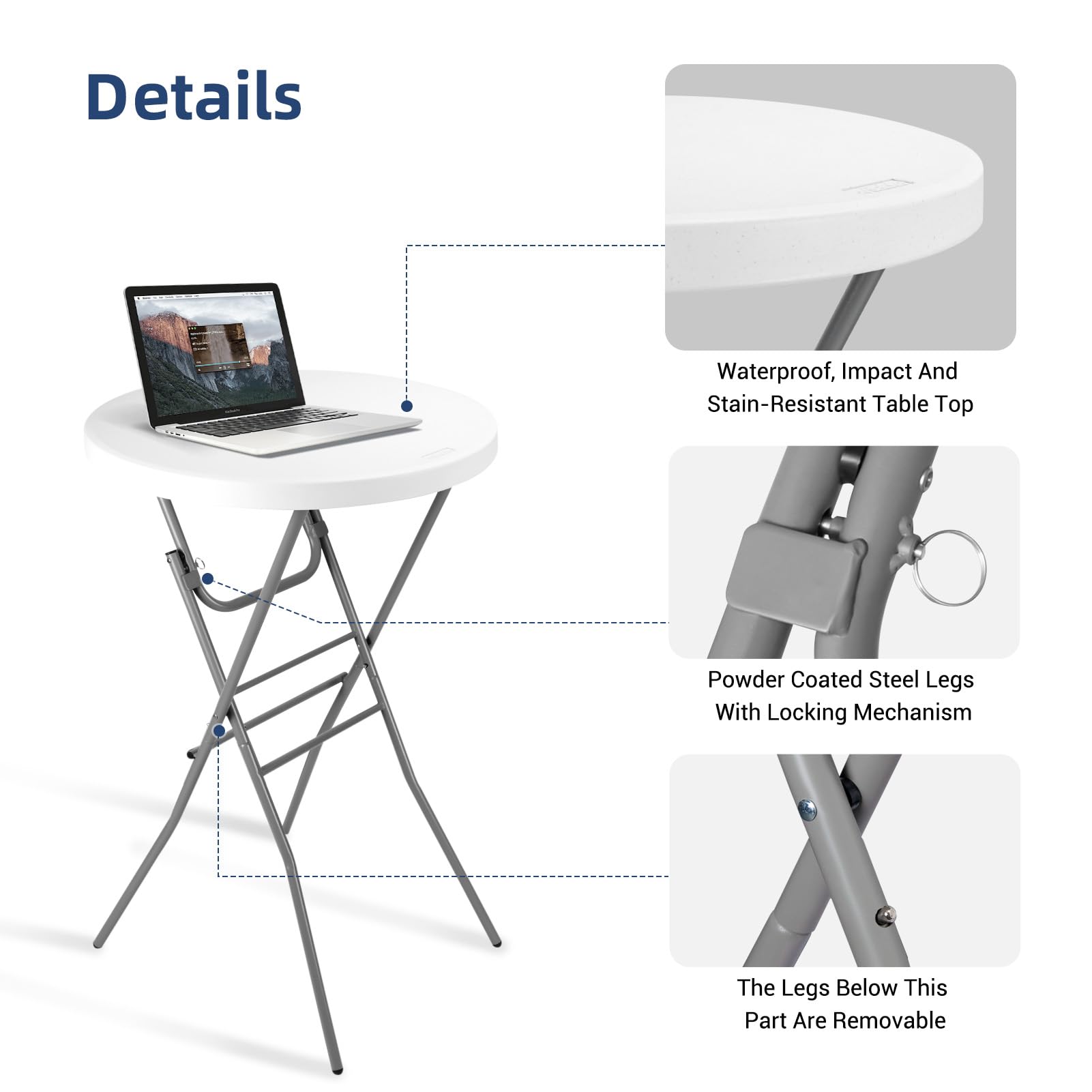 28in White Folding Round High Top Cocktail Table with Removable Legs - 2 Pack | Indoor Outdoor Bistro Bar Height Table for Patio, Backyard, Dining, Wedding & Party Decor | Perfect for Small Space Entertaining, Balcony Seating and Outdoor Gatherings