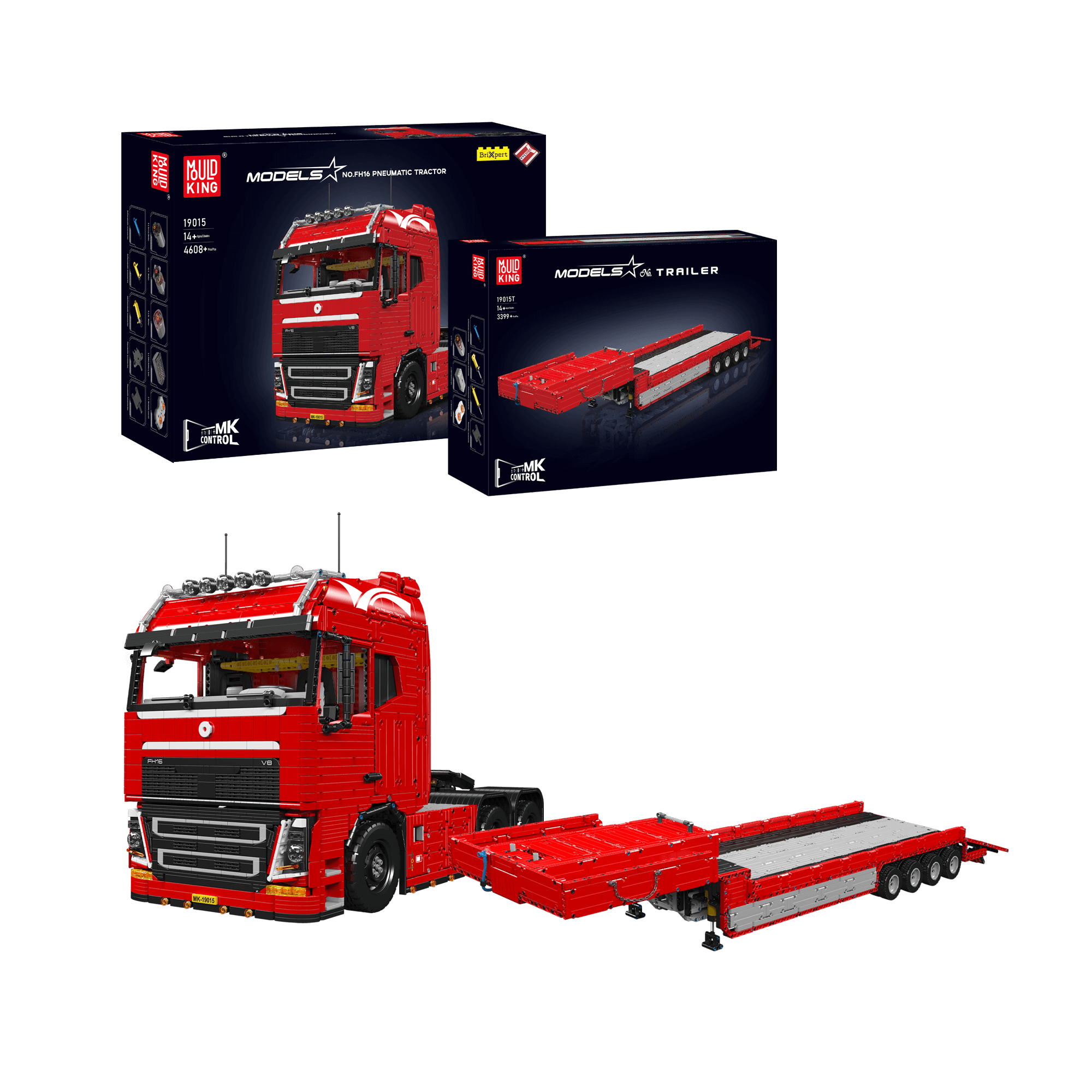 Mould King 19015+19015T FH16 Remote Control Pneumatic Tractor and Trailer Building Blocks Set - STEM Educational Toy for Kids & Adults, Perfect for Construction Play and Collectors