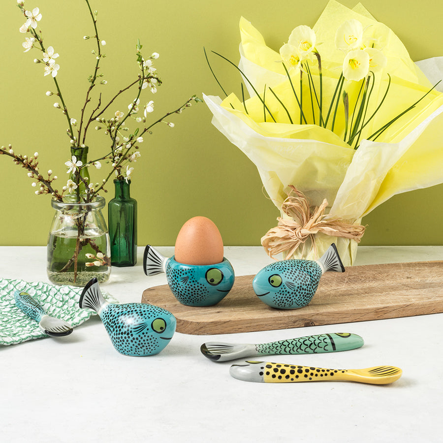 Handmade Ceramic Blue Fish Egg Cup Set of 4 - Unique New Shape Design for Breakfast, Easter Decor, or Gift Giving