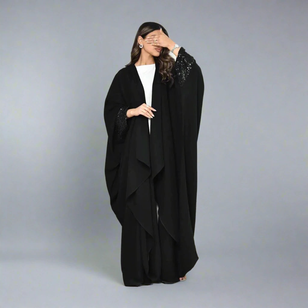 Sequins Cuff Cardigan Open Abaya Dress for Women - Elegant Long Sleeve Muslim Abaya with Beaded Details #24167 | Perfect for Eid, Wedding, Party & Special Occasions