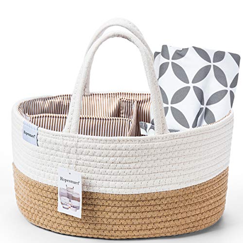 Ropesmart Baby Diaper Caddy Organizer - Portable Cotton Rope Diaper Storage Basket with Removable Dividers & Changing Pad | Shower Gift for Nursery, Changing Table & Car Travel (Jute) | Perfect for Baby Essentials Organization at Home and On-the-Go