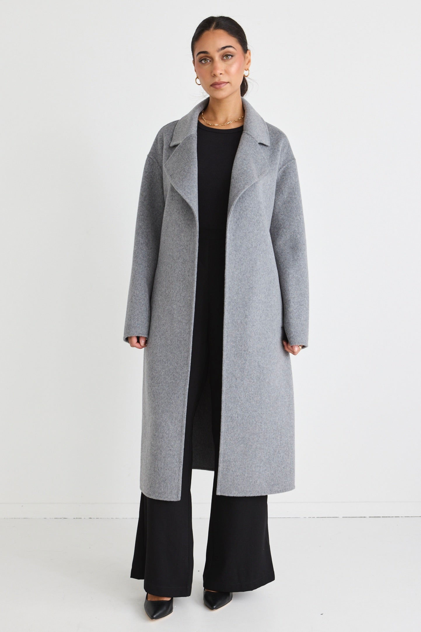 Geneva Charcoal Belted Trench Coat for Women - Stylish Long Wool Blend Overcoat with Belt - Perfect for Fall, Winter & Office Wear