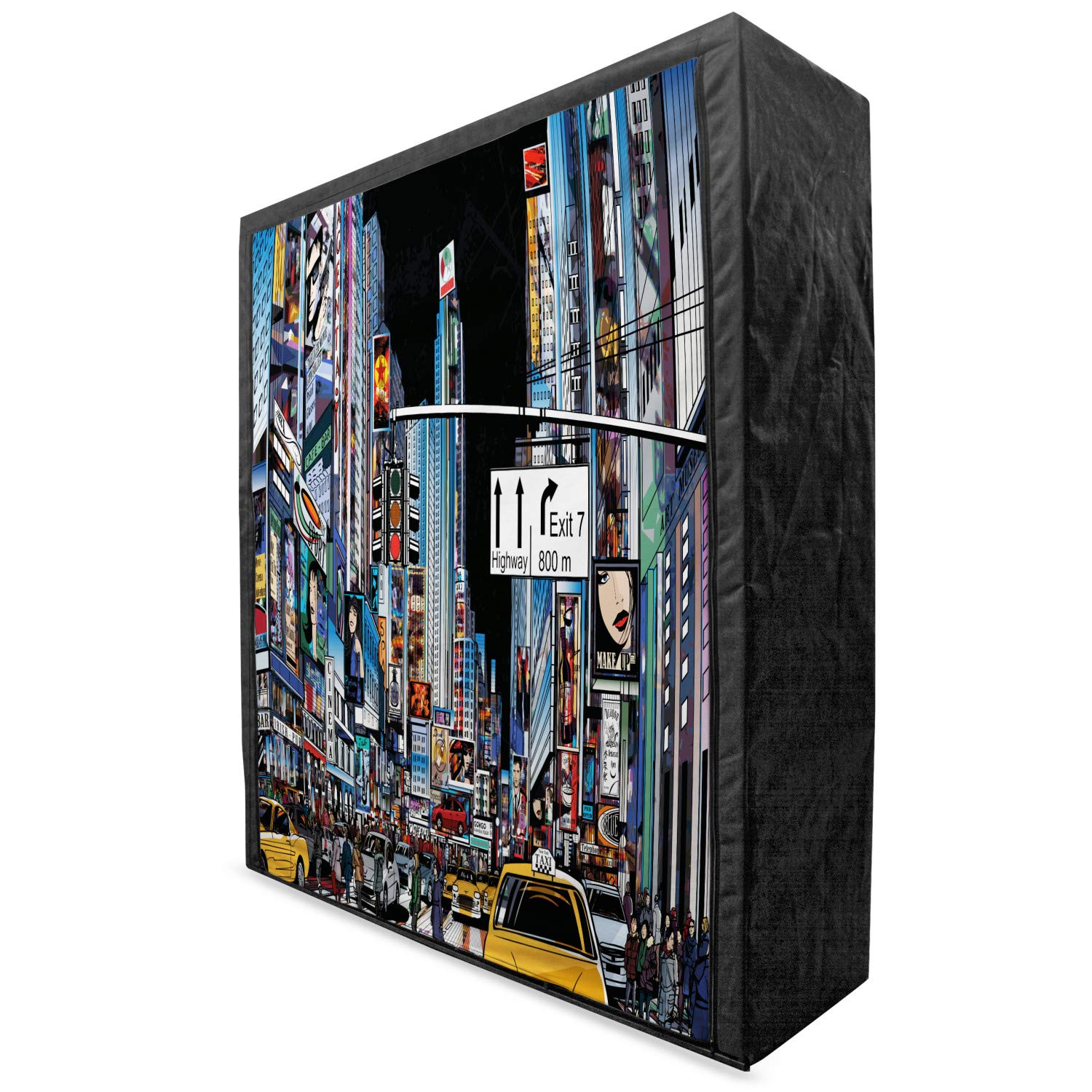 Ambesonne City Portable Fabric Wardrobe - Cartoon New York Night Scene with Streets, Taxis & Highway Exit | 59
