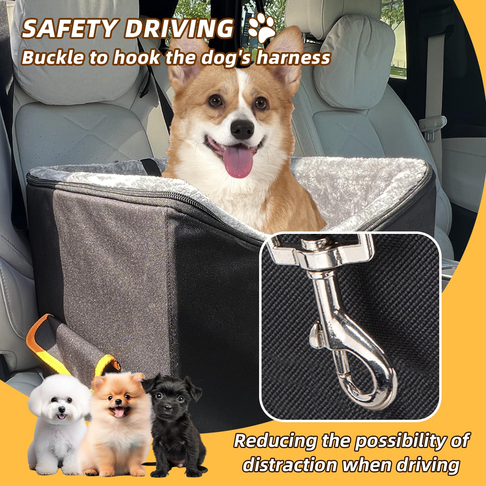 JJRING Elevated Dog Car Seat for Small Dogs - Washable & Detachable Pet Booster Seat, Black - Perfect for Safe & Comfortable Car Travel with Your Puppy