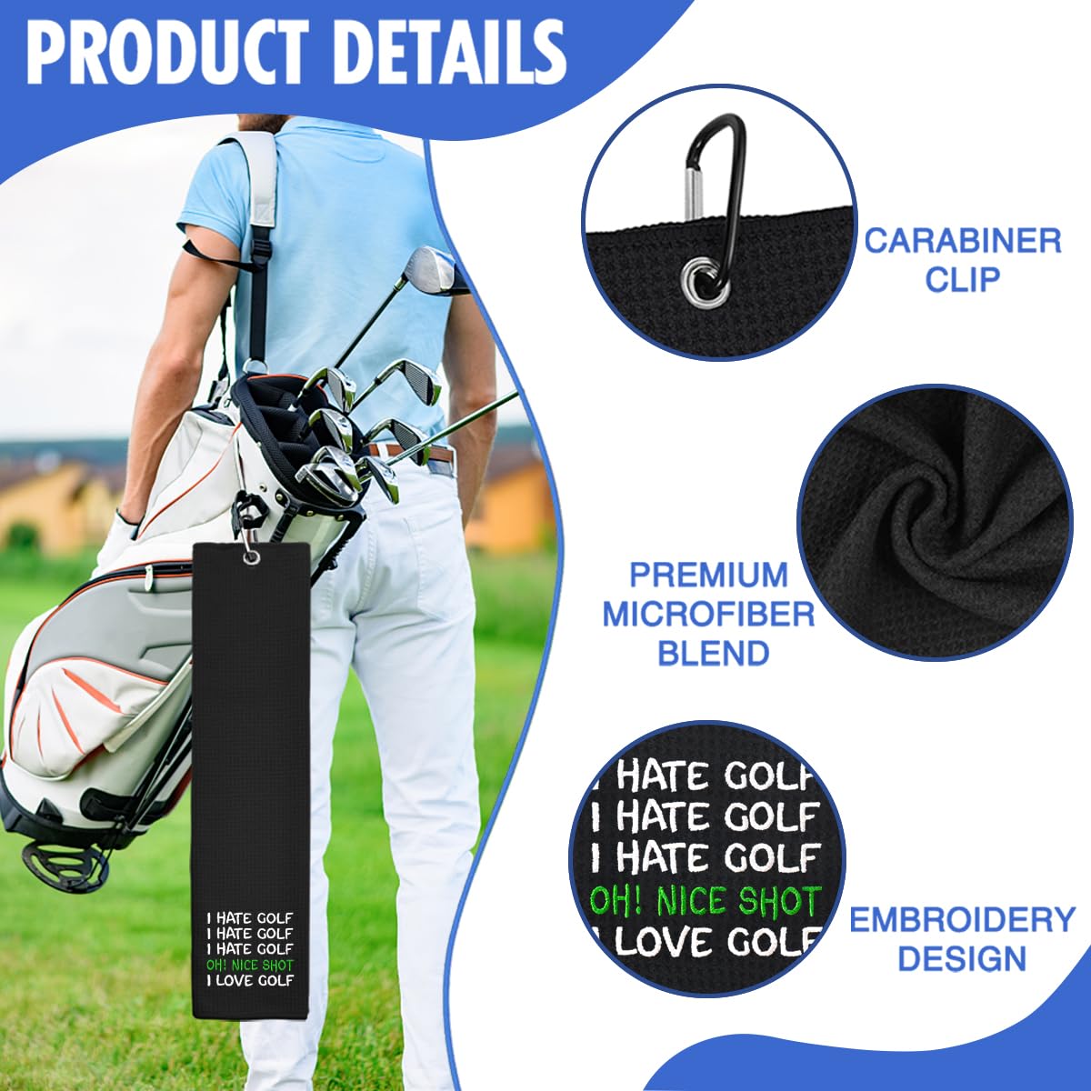 Premium Embroidered Golf Towel - Funny 'I Hate Golf Oh Nice Shot I Love Golf' Design - Perfect Golf Accessories for Men & Women - Ideal Golf Gift for Dad, Grandpa & Golf Lovers - Great for Courses, Tournaments & Retirement Gifts