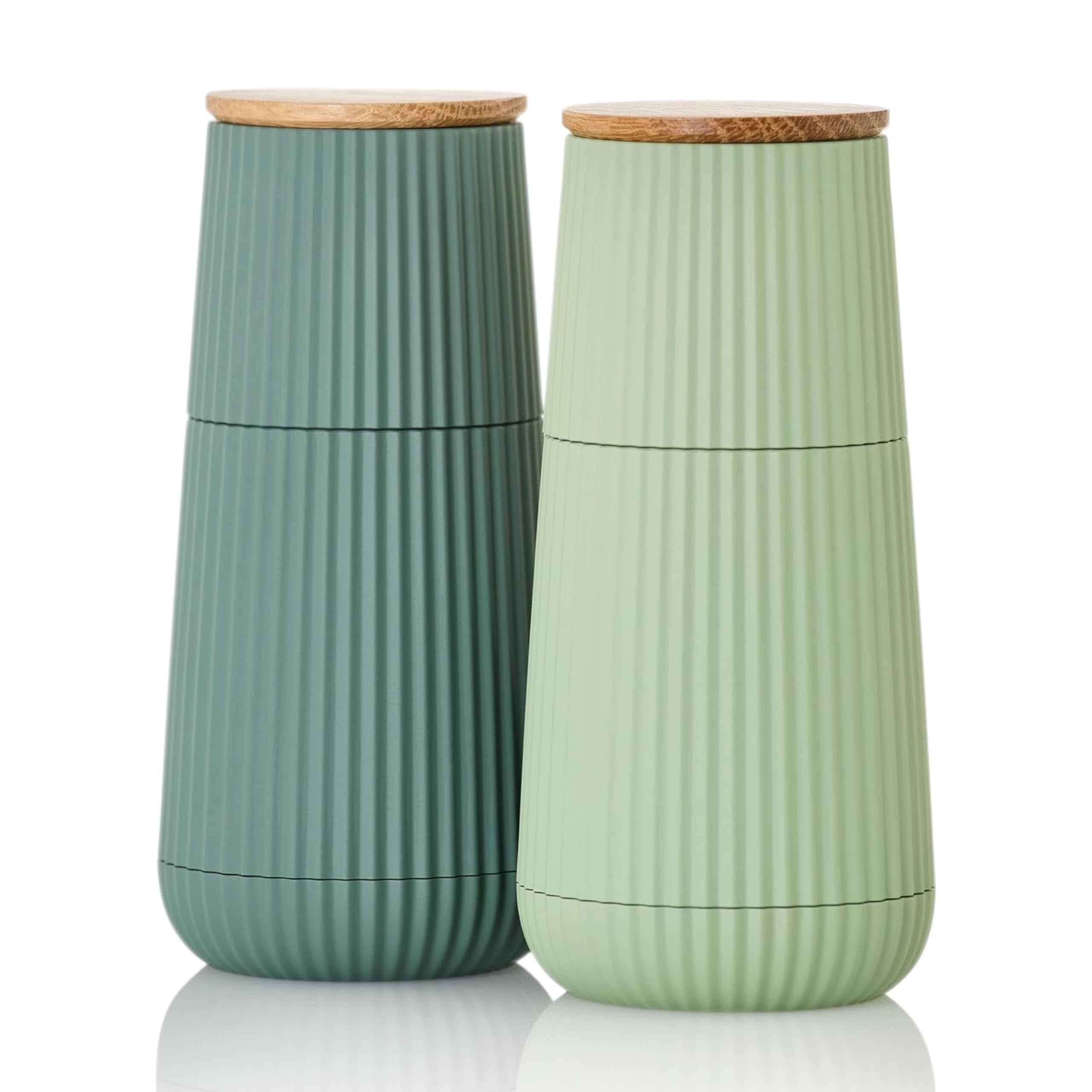 Premium Ceramic Salt and Pepper Grinder Set - Dark & Light Green, Oak Wood Base, 5.8cm Diameter, 12.3cm Height - Ideal for Kitchen, Dining Table & Gift Giving