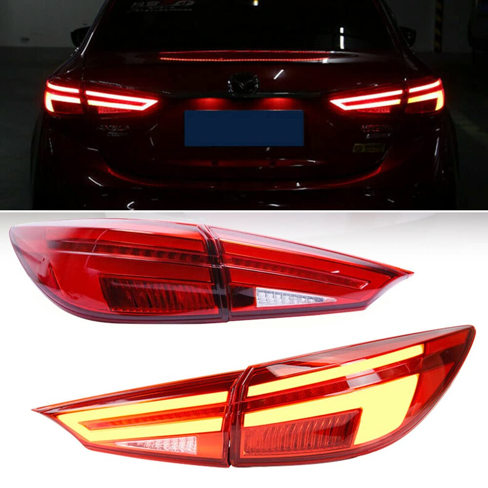 HCmotion Full LED Tail Lights for Mazda 3 Axela 2014-2018 Sedan - Red Sequential Turn Signal, Brake & Reverse Lights - Not Compatible with Hatchback | Upgrade Your Car's Style & Safety for Night Driving