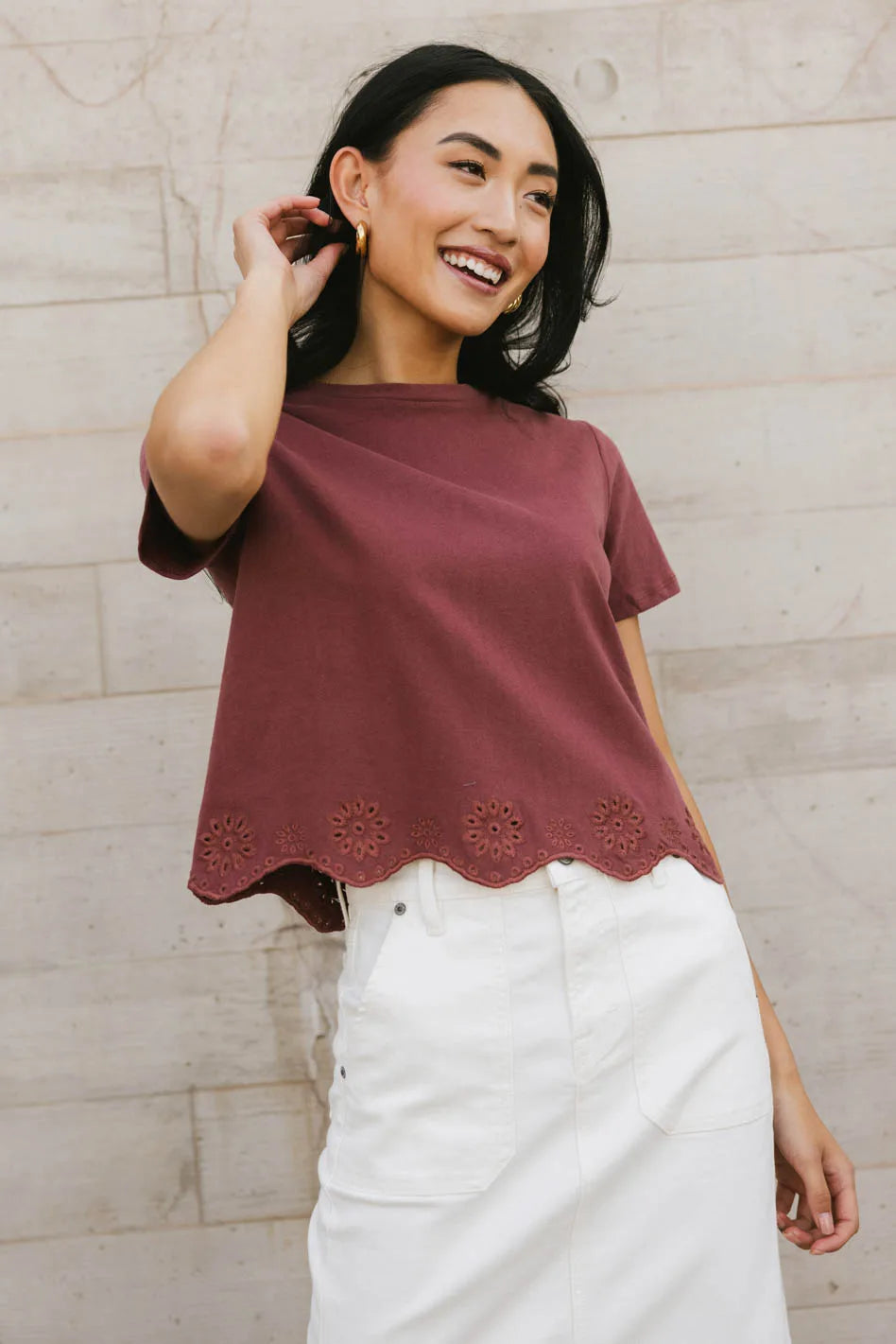 Nia Wine Red Eyelet Lace Cropped T-Shirt for Women | Summer Fashion Top | Perfect for Casual Outings, Dates & Beach Vacations