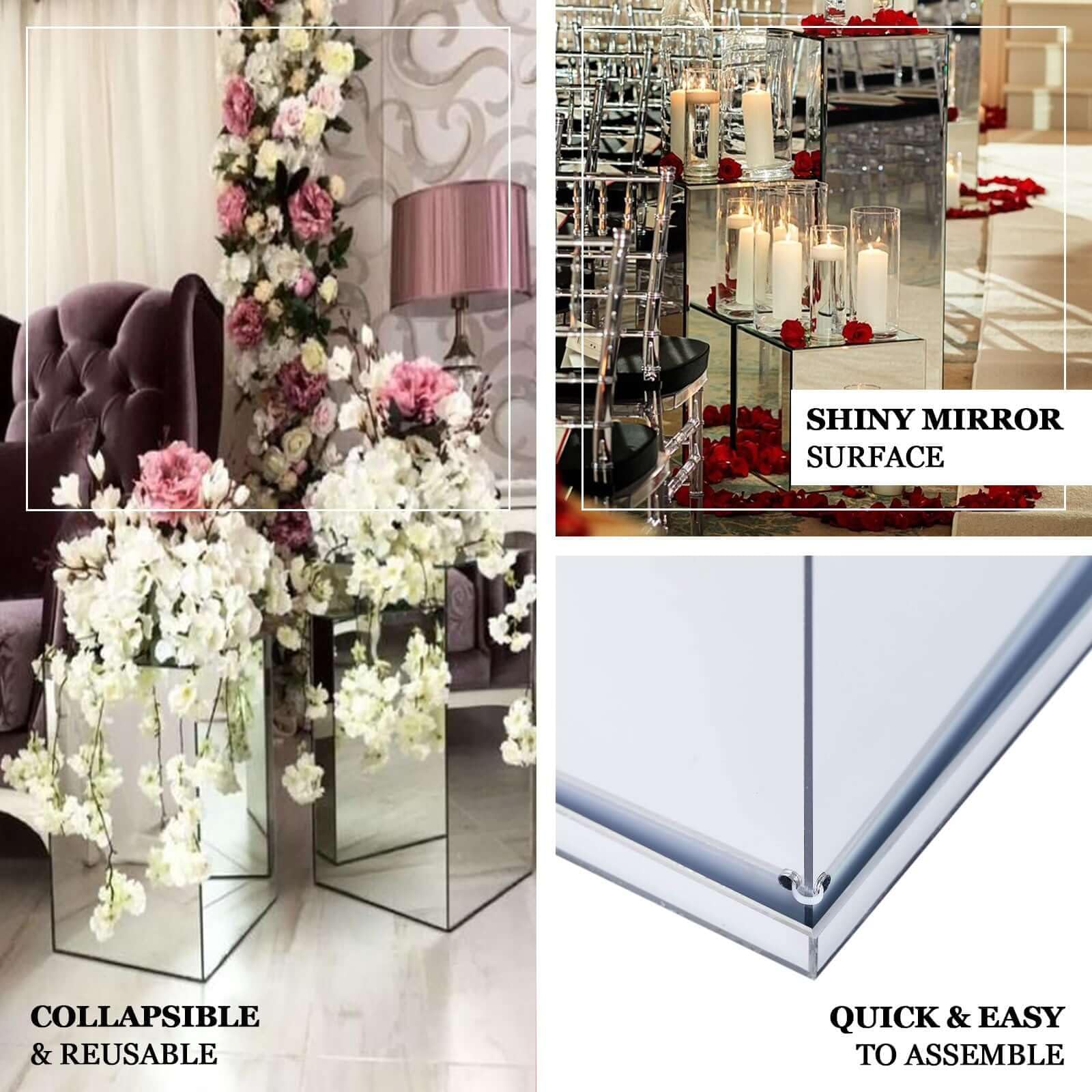 Efavormart 5-Piece Silver Mirror Finish Wedding Decor Set - Clear Display Box for Centerpieces with Interchangeable Lid & Base - Perfect for Bridal Showers, Receptions & Special Events