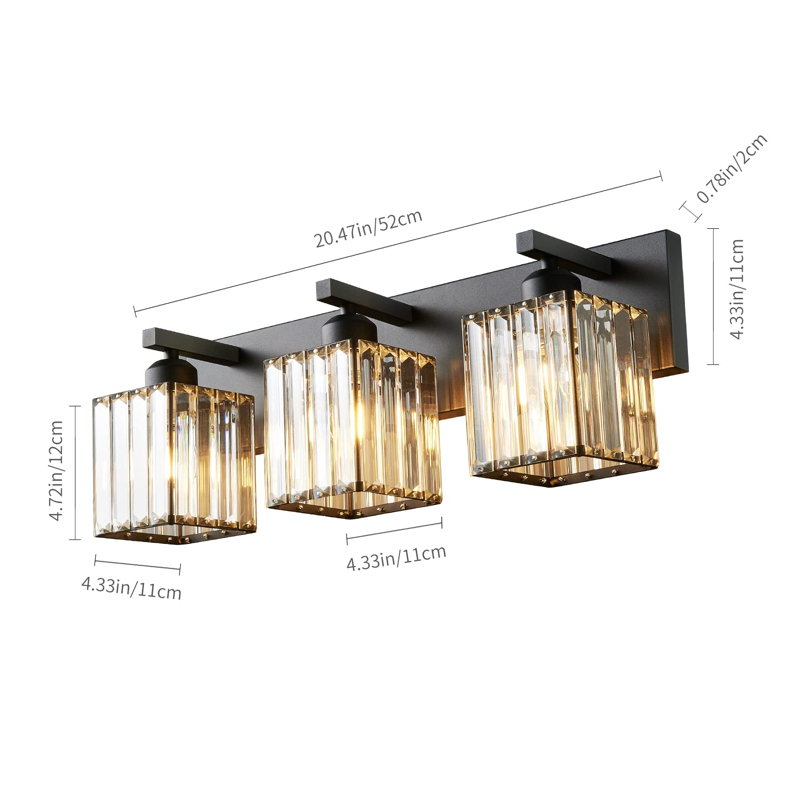 Modern Black Crystal Bathroom Vanity Light - 3-Lights Wall Sconce Fixture for Makeup Mirror & Dressing Area, Water-Resistant Elegant Lighting for Powder Room & Master Bath