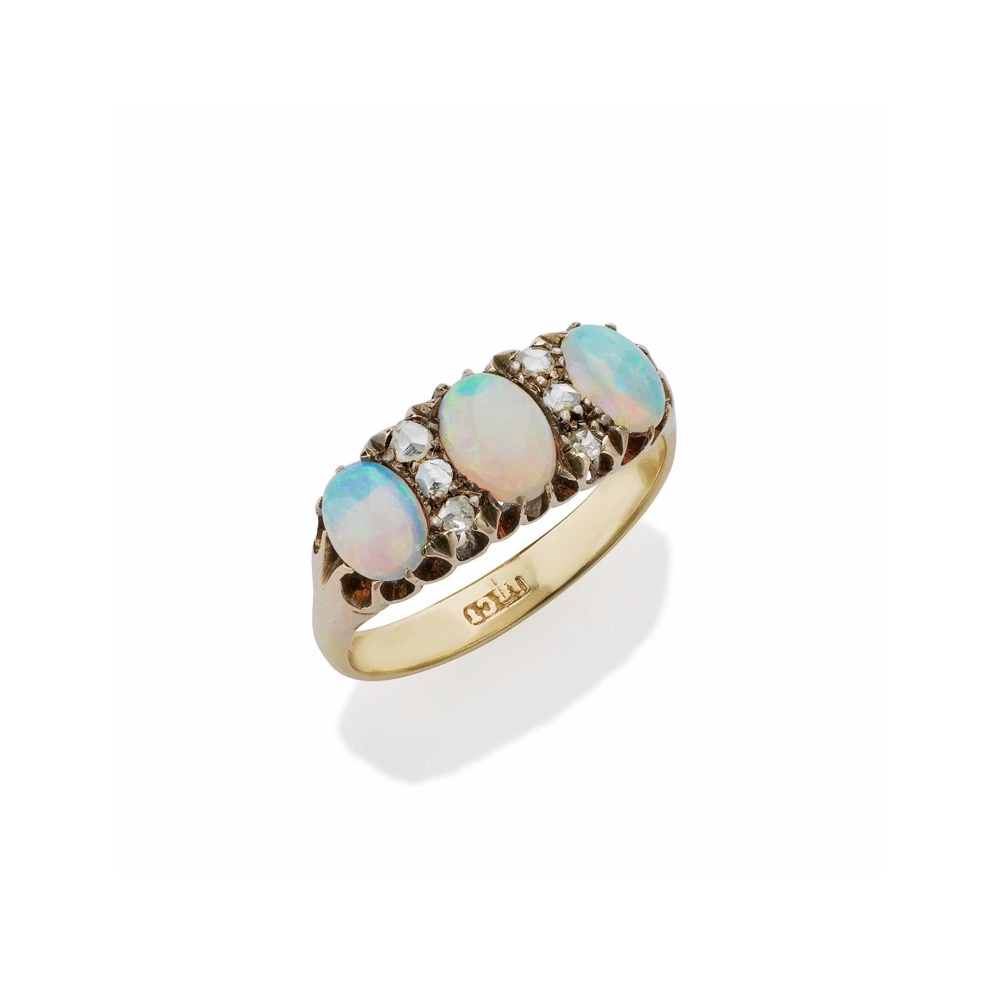 English Opal and Rose Cut Diamond Three Stone Ring - Elegant Vintage Jewelry for Weddings, Engagements & Special Occasions
