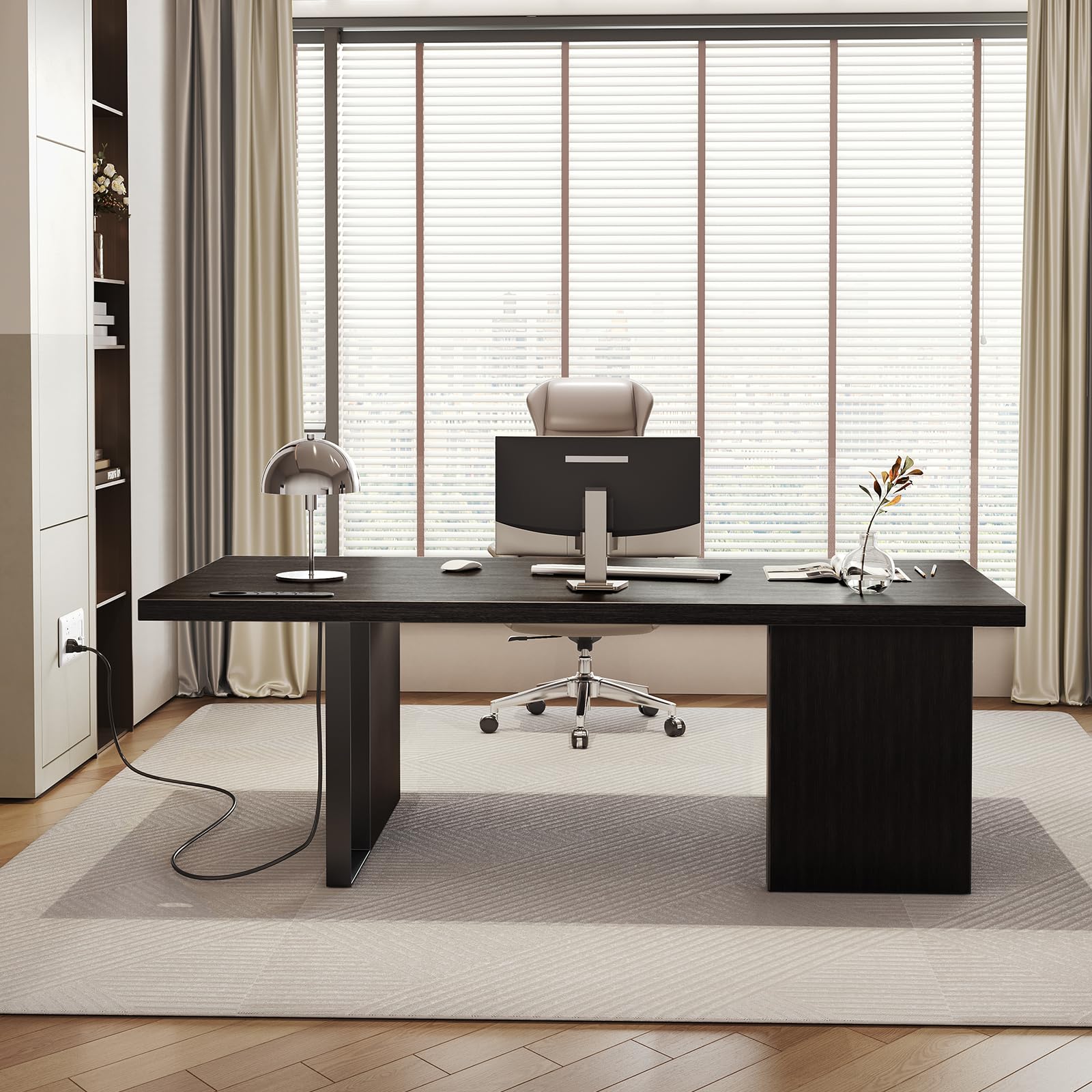 60-Inch Large Executive Desk - Modern Minimalist Wooden Computer Office Desk with Thickened Desktop & Built-in Power Outlet - Home & Business Workstation (Black) - Perfect for Remote Work, Gaming Setup & Office Productivity