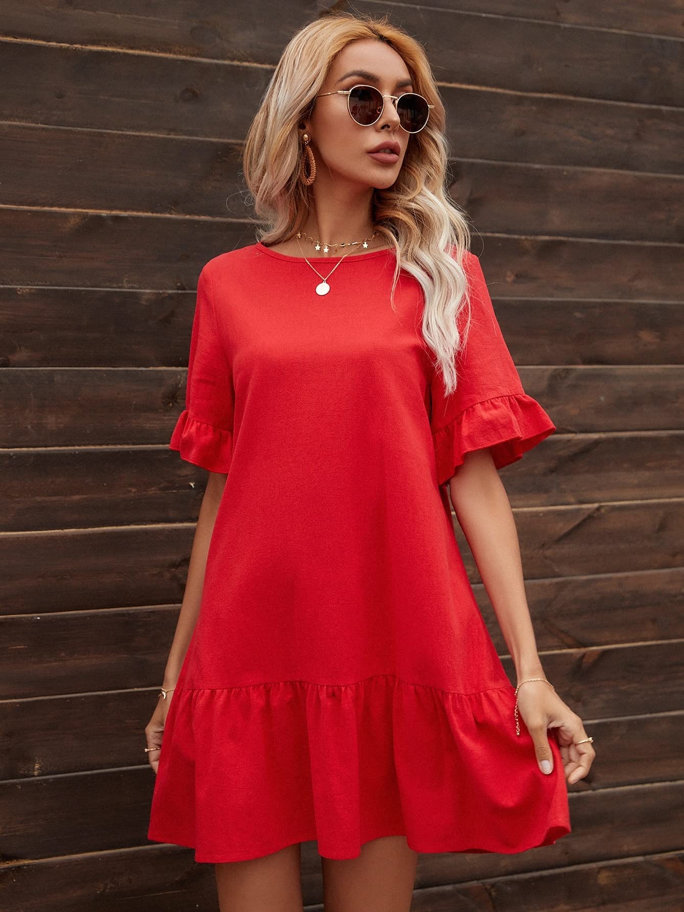 Women's Summer Short Sleeve Flounce Hem Doll Dress - Red XS | Beach Vacation, Casual Outing, Party Wear Midi Dress