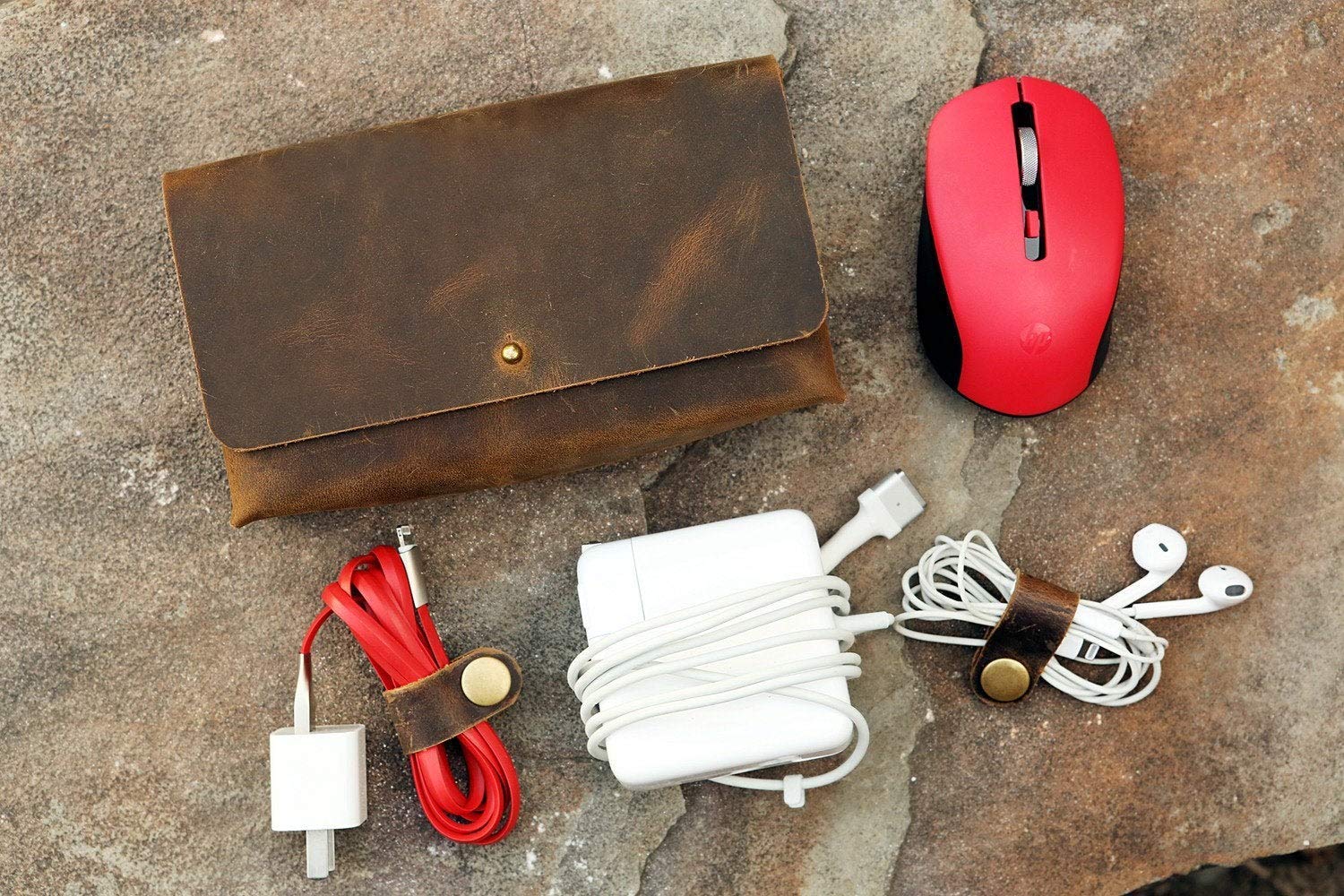 Handmade Leather MacBook Charger Case Bag for MacBook Pro - Premium Laptop Accessories Organizer (MC05PB) - Perfect for Travel, Office & Daily Commute