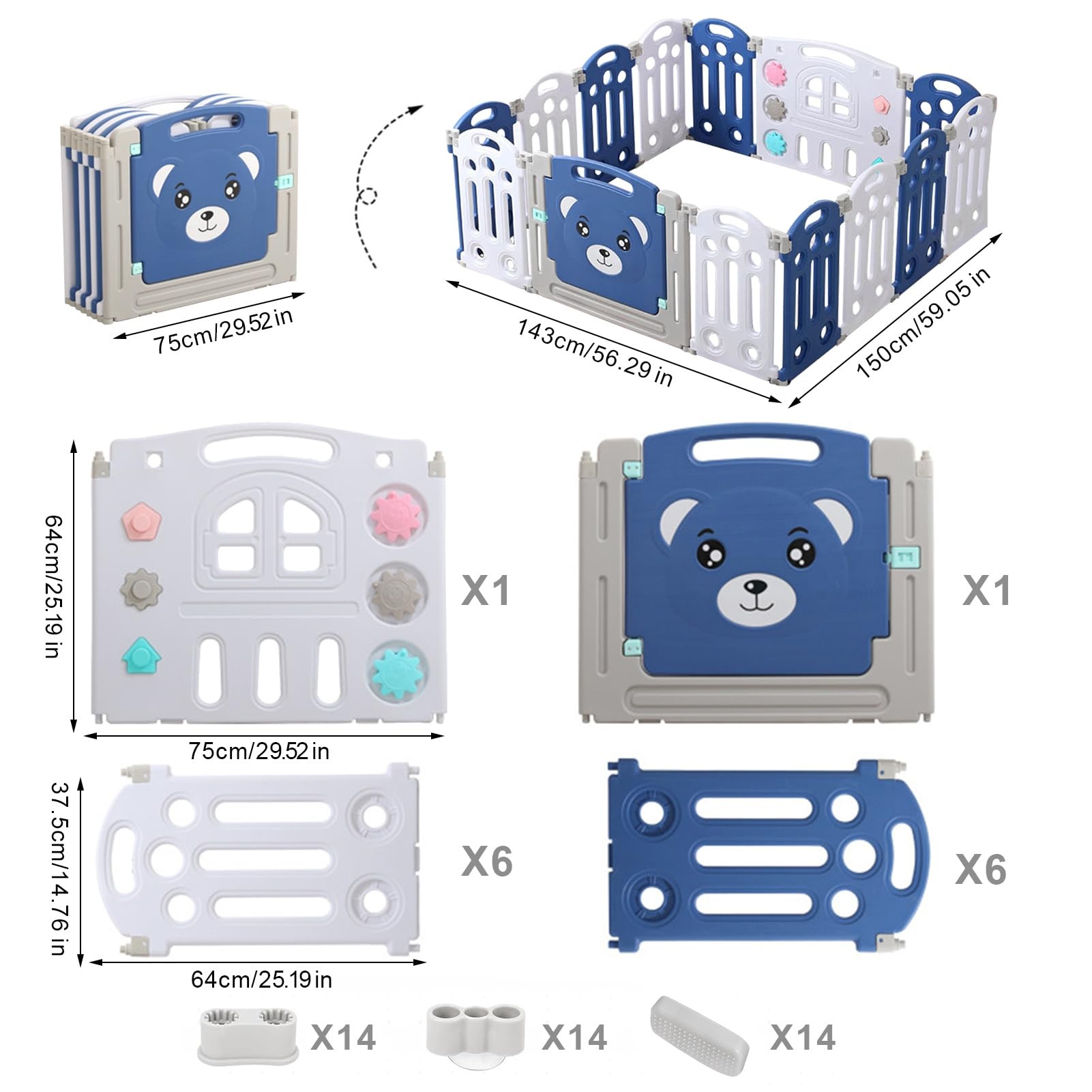 Foldable Baby Playpen with 14 Panels - Portable Safety Play Yard for Babies & Toddlers, Indoor & Outdoor Use, Bear Pattern Design - Perfect for Home, Park, and Travel Playtime
