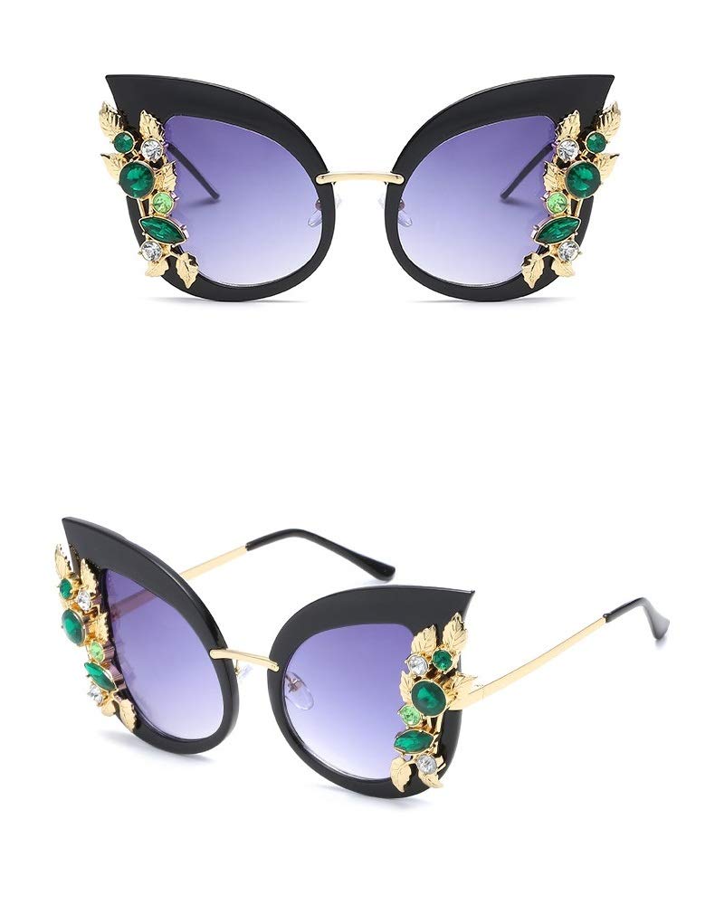 Chezi Green Crystal Gold Leaf Cateye Sunglasses for Women - UV400 Protection Fashion Sunglasses - Perfect for Beach, Driving & Outdoor Activities