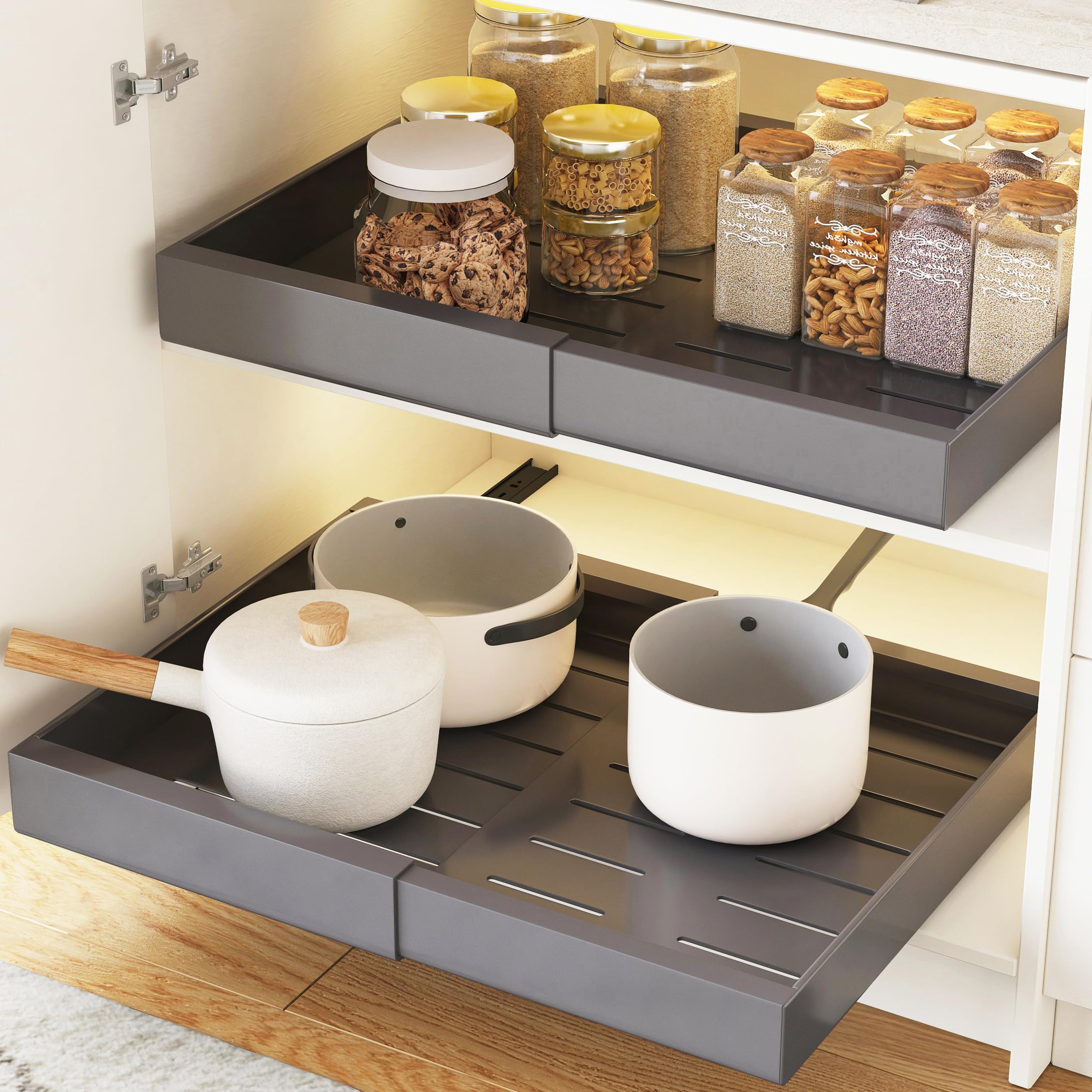 Extendable Pull Out Cabinet Organizer - Adjustable Sliding Pantry Shelves (12.4
