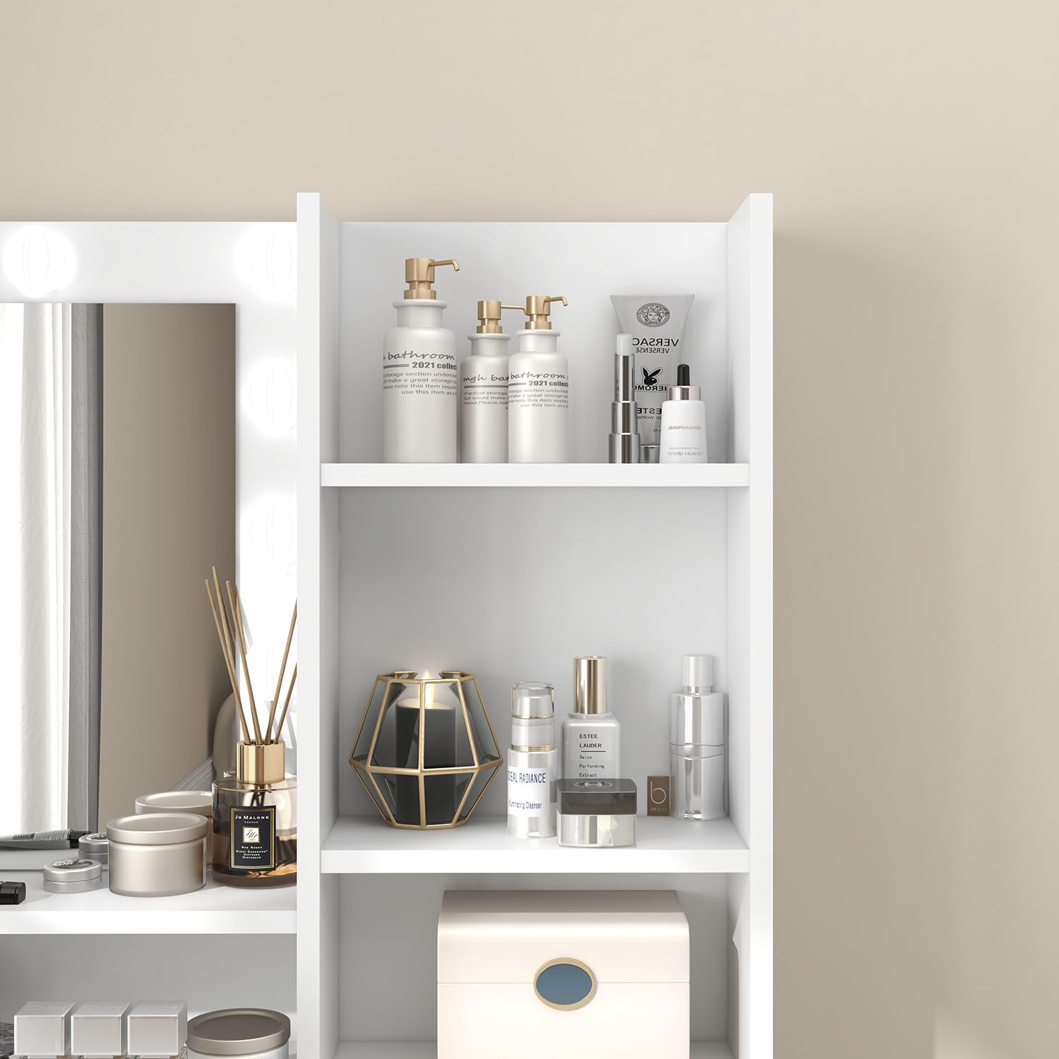Vanity Desk with Mirror & Lights - Adjustable Brightness, 3 Lighting Modes, 1 Drawer & Cabinet, 4 Shelves - White Makeup Dressing Table Set for Bedroom, Salon & Home Decor