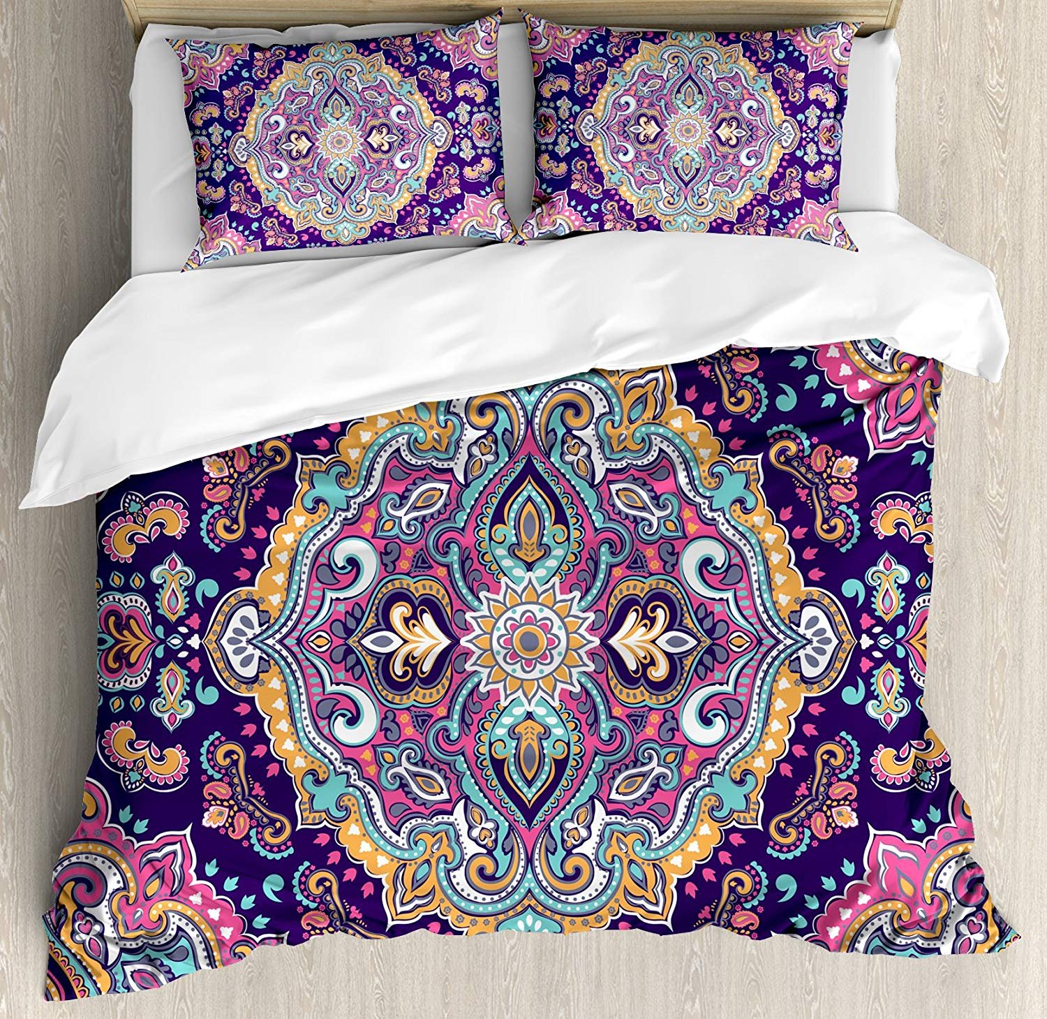 Boho Mandala Duvet Cover Set King Size - Ethnic Floral Print, Vibrant Spring Garden Design with 4 Pieces (Quilt Cover + 2 Pillowcases) for Bedroom Decor | Perfect for Bohemian, Vintage & Eclectic Home Styling