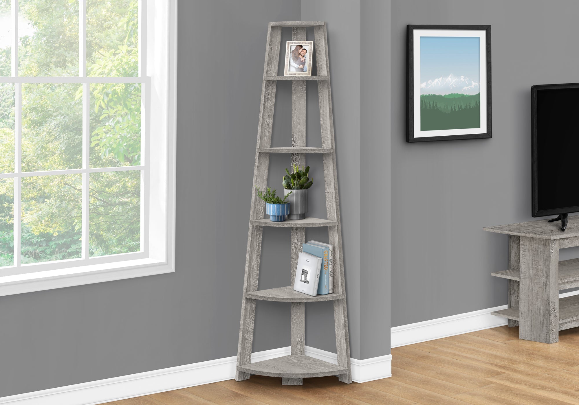 72H Industrial Grey Corner Bookcase Shelf - Stylish & Space-Saving Storage for Living Room, Bedroom or Office