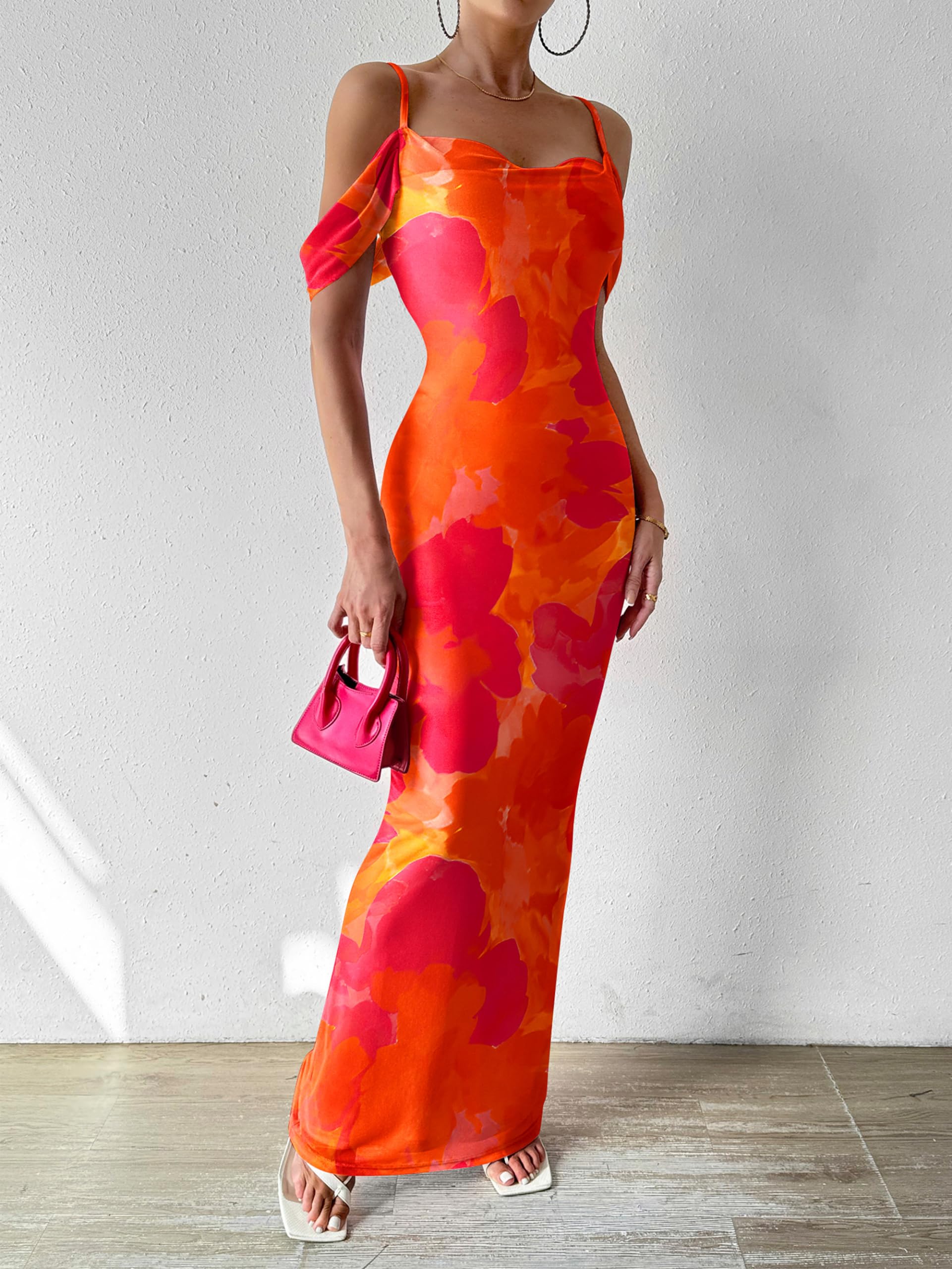 MASCOMODA Women's Floral Spaghetti Strap Long Maxi Dress - Sexy Backless Bodycon Formal Gown for Wedding Guest, Summer Party & Evening Occasions 2025
