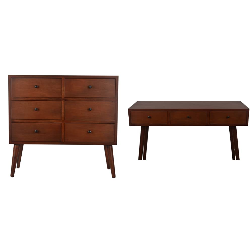 Mid Century 6-Drawer Wood Accent Chest & 3-Drawer Console Table Set - Walnut & Light Walnut - Vintage Home Decor for Living Room, Bedroom, or Entryway Storage