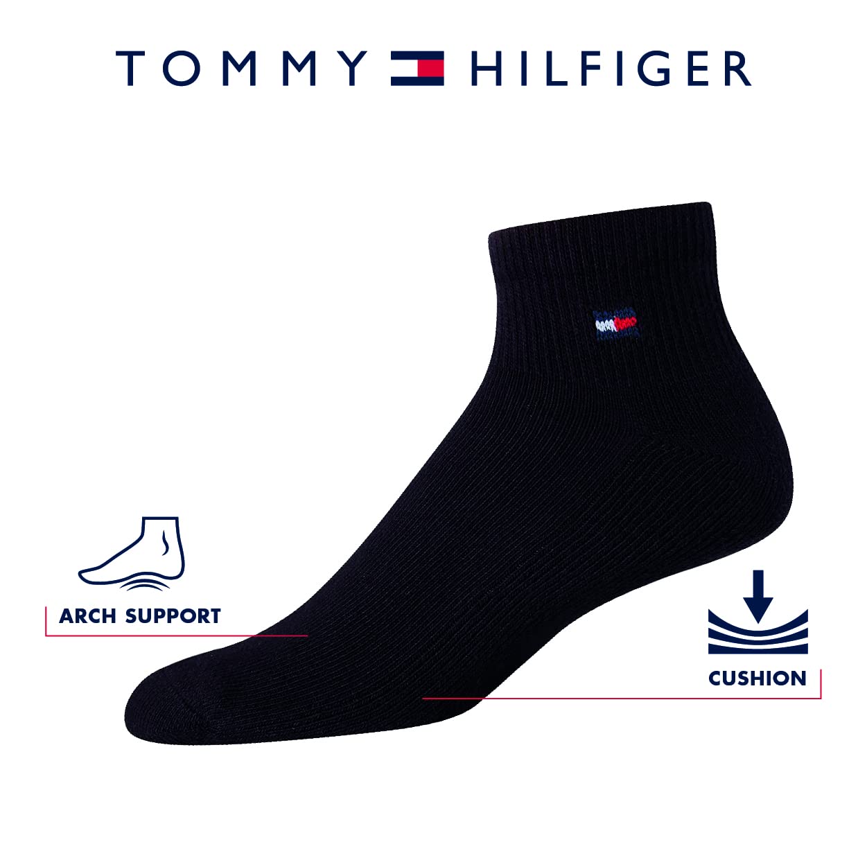 Tommy Hilfiger Men's Quarter Socks 12-Pack - Arch Support & Cushion Comfort Ankle Socks for Casual, Work & Sports | Breathable & Durable Cotton Blend