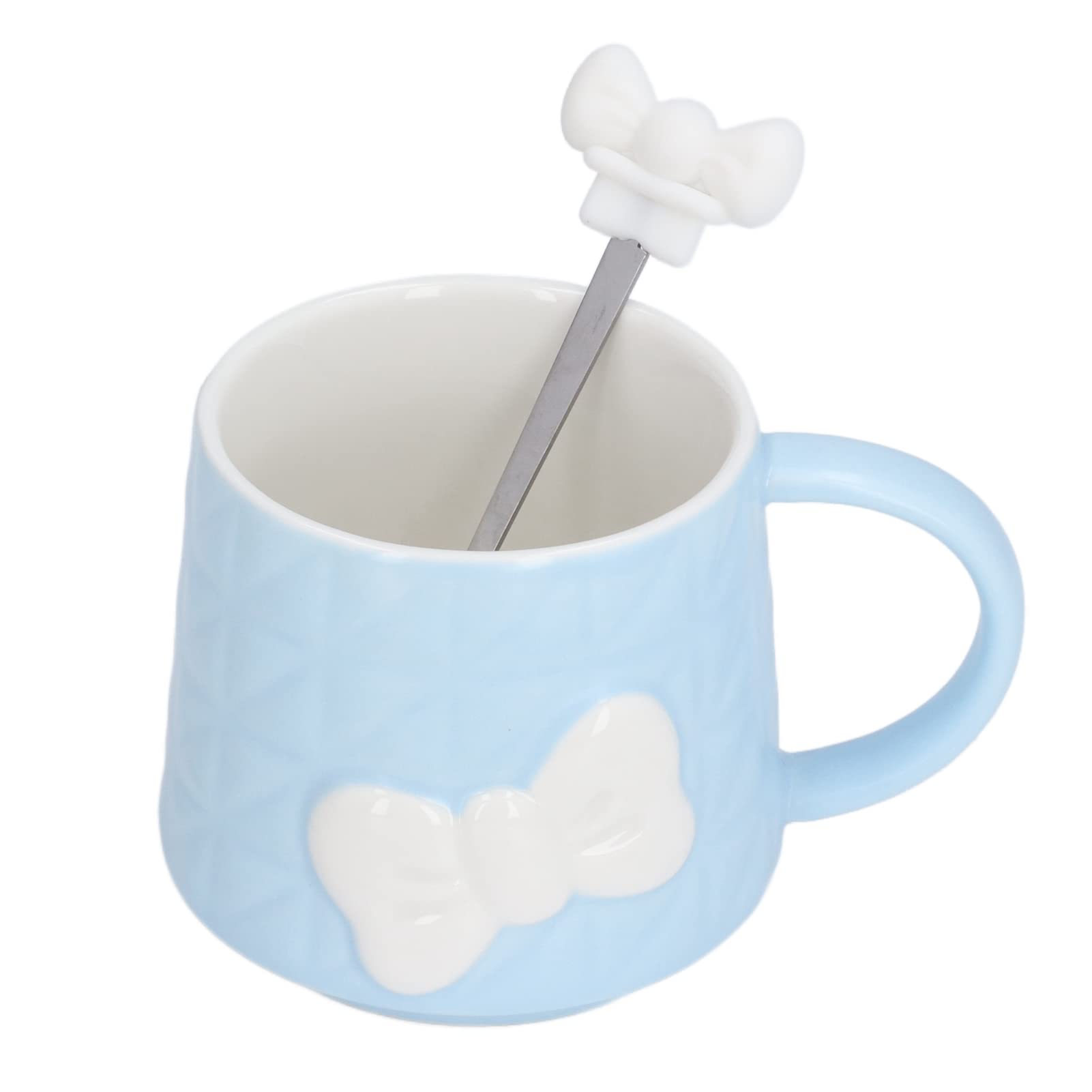Ceramic Coffee Mug with Lid & Stainless Steel Spoon - 400ml Cute Bowknot Tea Cup for Coffee, Milk & Water - Home & Office Use (Blue)