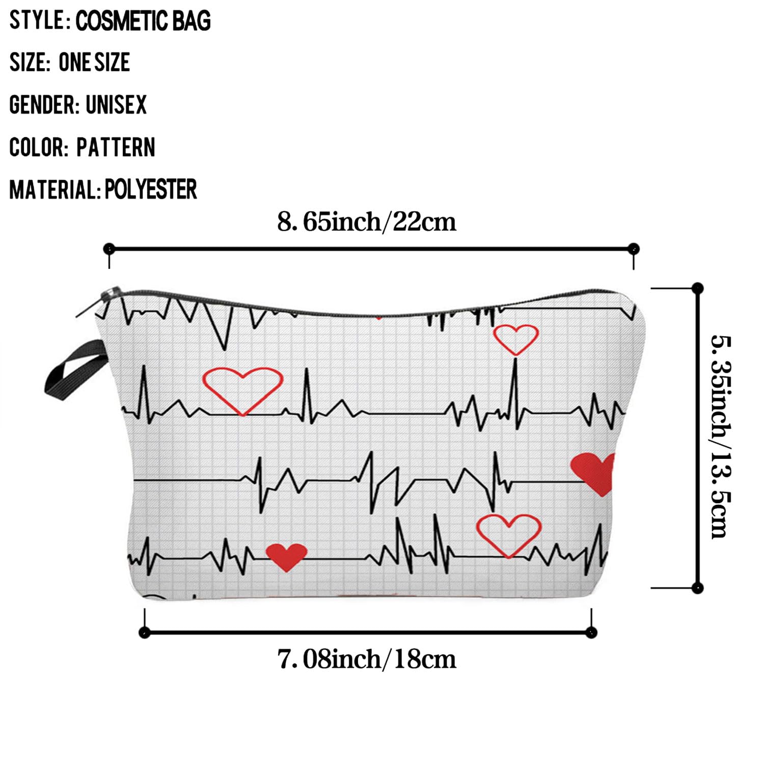 White ECG Nurse Cosmetic Bag for Women - Cute Makeup Pouch for Travel & Purse Organization - Waterproof Toiletry Bag with Zipper - Perfect Gift for Nurses, Friends, Sisters & Family - Great for Work, School, Gym & Vacation Essentials