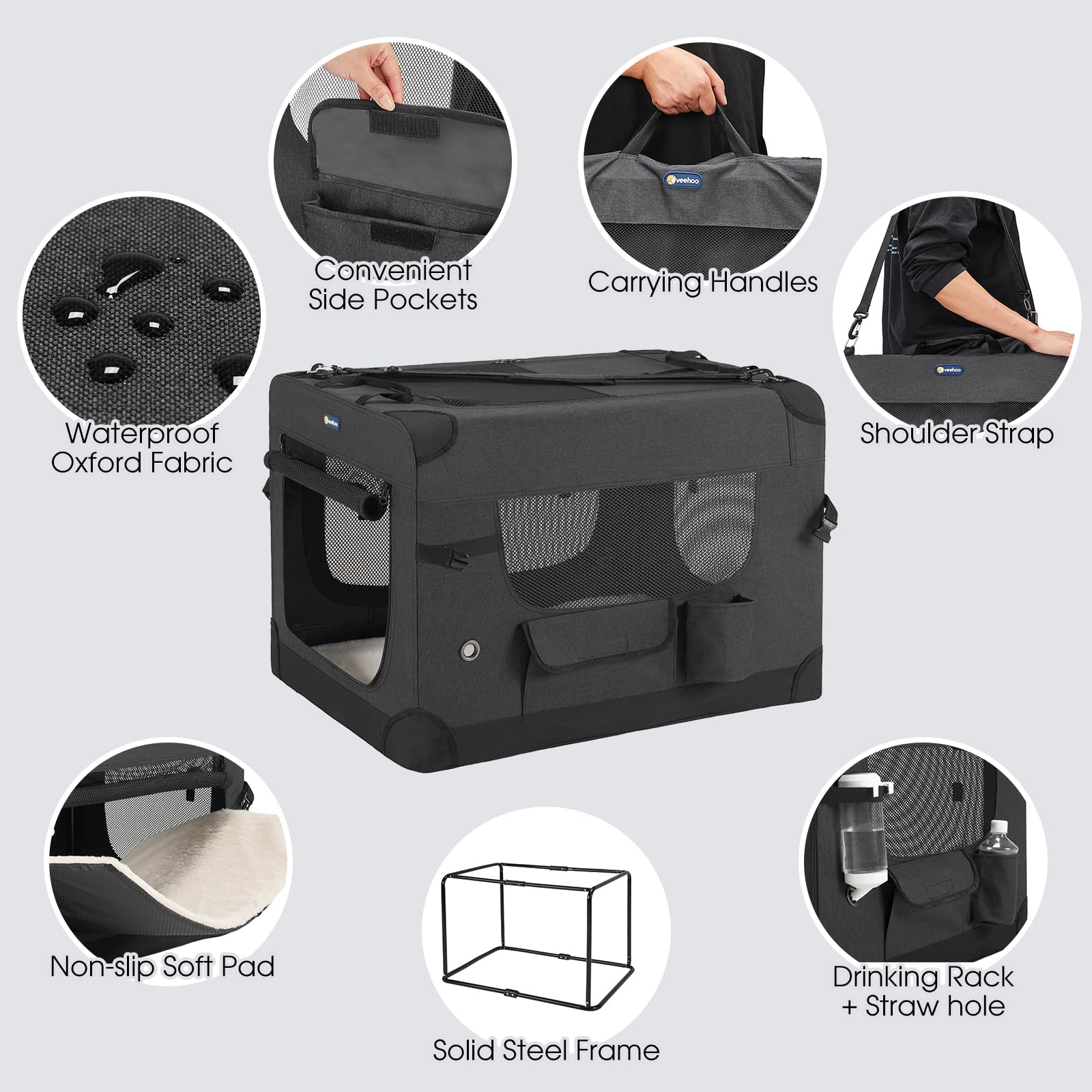 Veehoo 36 Inch Folding Soft Dog Crate - 4-Door Portable Collapsible Pet Kennel for Large Dogs | Heavy-Duty 600D Oxford Fabric & 5 Durable Mesh Screens | Indoor & Outdoor Use for Travel, Camping & Home | Black (CWB2428CP)