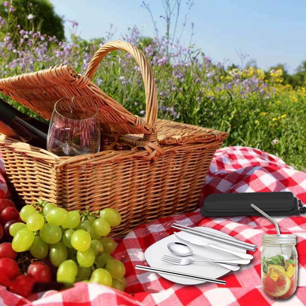7-Piece Stainless Steel Travel Cutlery Set - Fork, Knife, Spoon, Chopsticks with Case | Portable Dining for Camping & Picnics