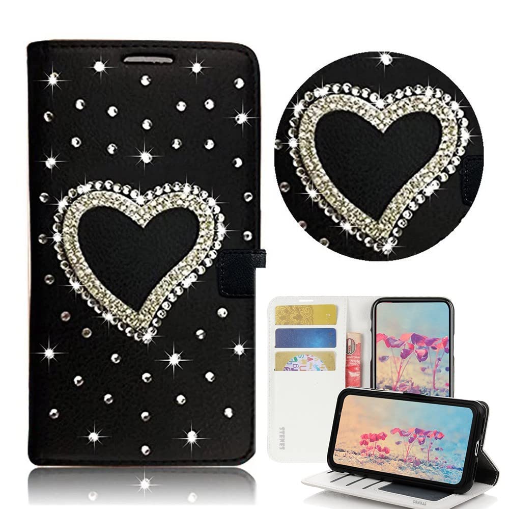 STENES Bling Wallet Phone Case for LG K92 5G (6.7 inch 2020 Model) - 3D Handmade Heart Design Magnetic Stand Leather Cover - Black | Perfect for Everyday Use, Travel & Gift Giving