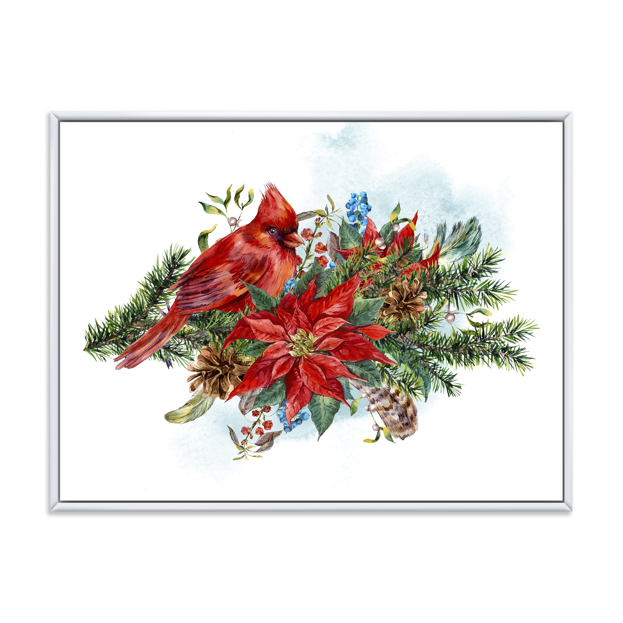 DesignQ Christmas Poinsettia and Red Cardinal Bird Framed Canvas Wall Art - Traditional Holiday Home Decor for Living Room, Bedroom & Office