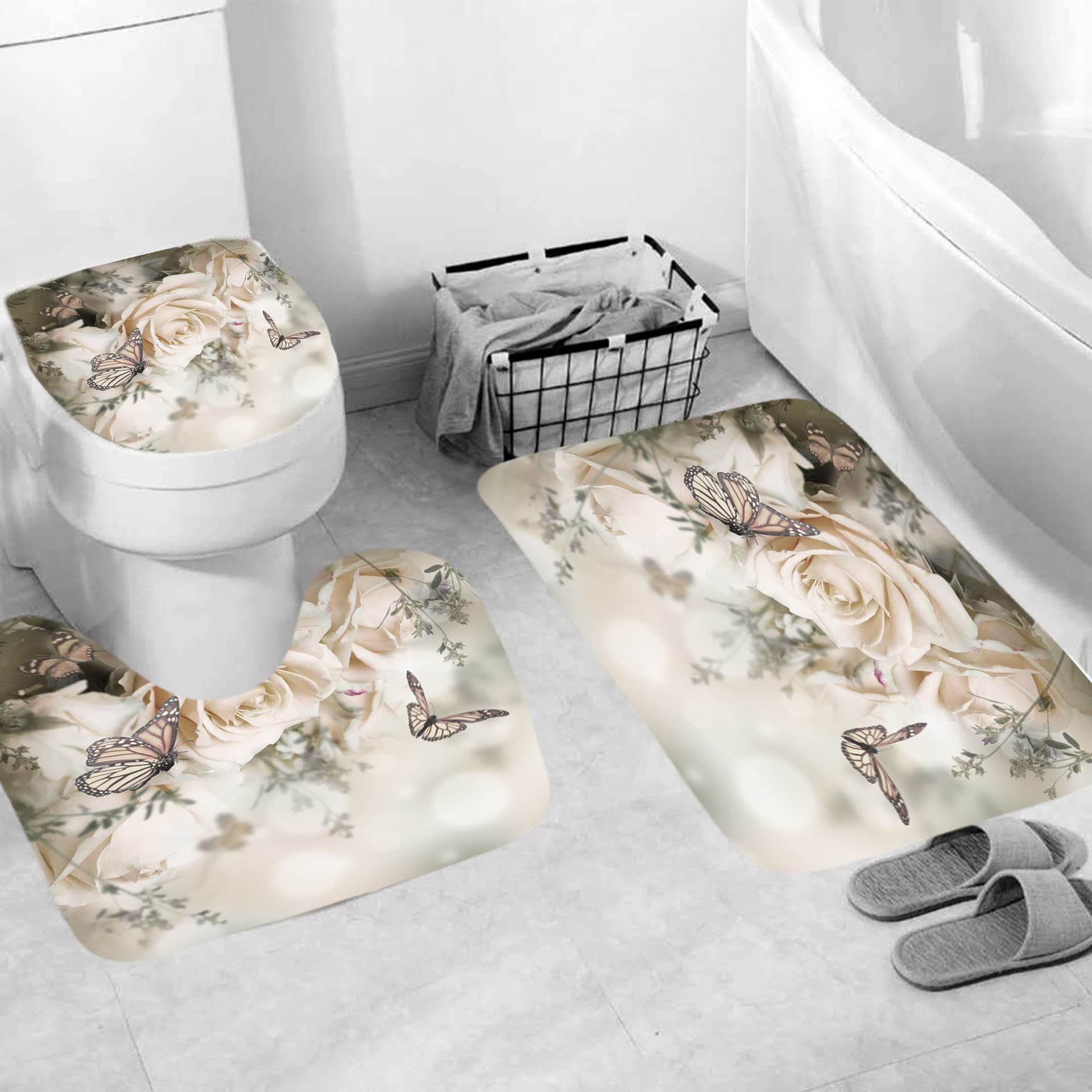 Waterproof Fabric Shower Curtain Liner with Rose Flower & Butterfly Design - 165x180cm Bathroom Decor for Home, Spa & Guest Room Use