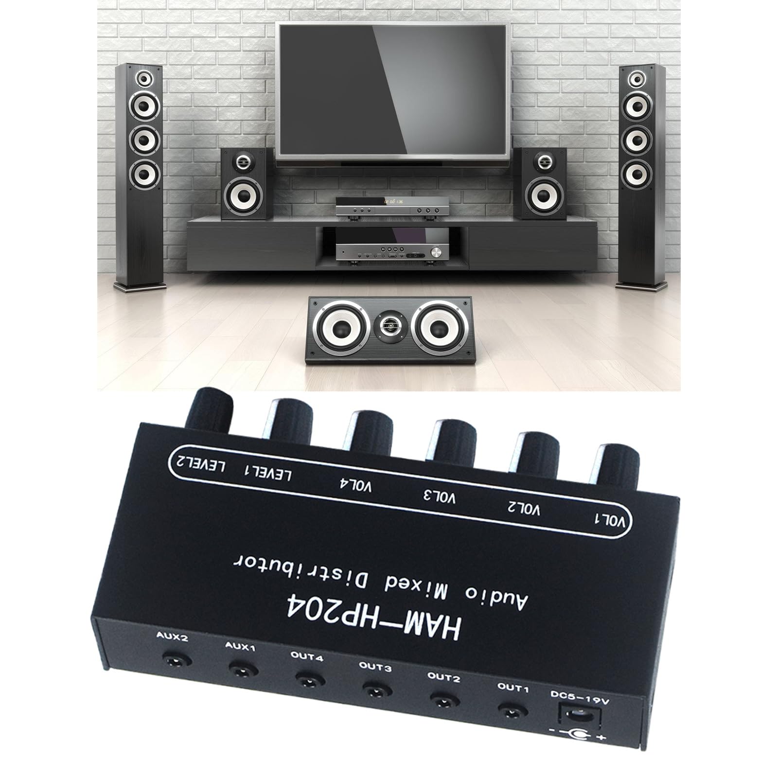 JSGHGDF 2 Input 4 Output 3.5mm Audio Mixer Switch - Stereo Headphone Distribution Box with Individual Volume Control for Home Studio, Gaming & DJ Setup