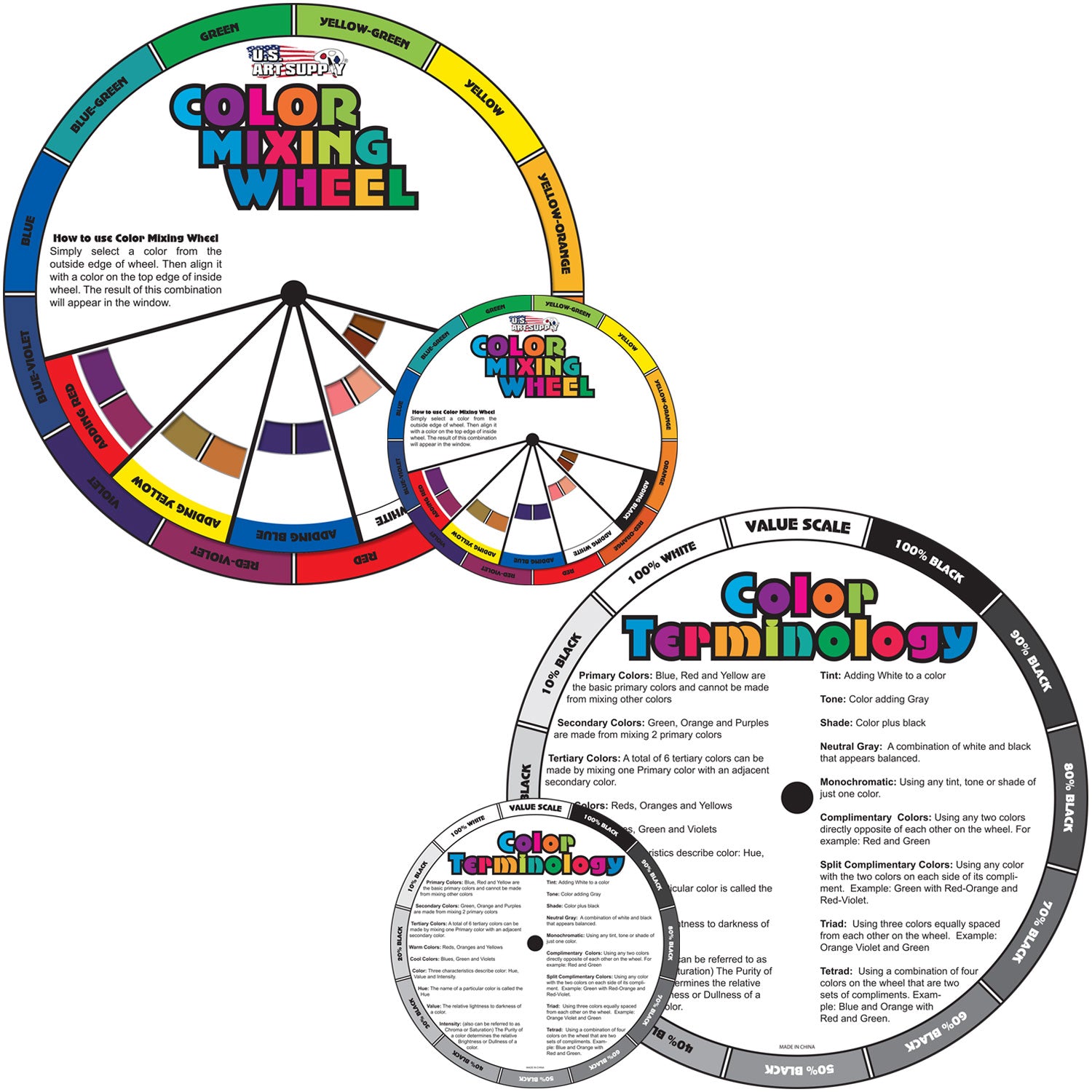 4 & 8 Color Mixing Wheel Set - 2 Double Sided Paint Color Mixing Guides for Artists - Primary, Secondary & Gray Shades - Perfect for Art Classes, DIY Crafts & Painting Projects
