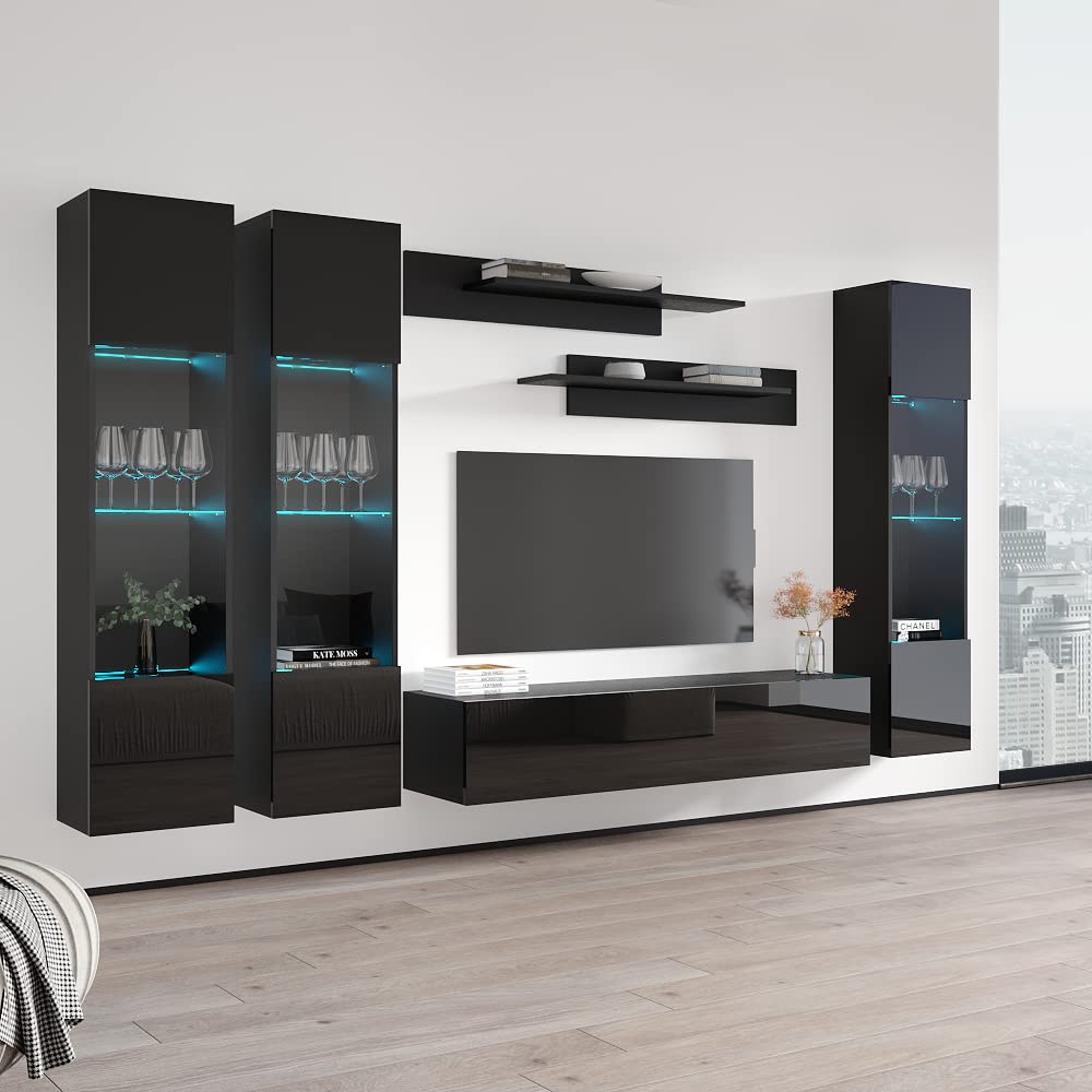 Modern Floating TV Stand with Storage & LED Lights - Wall-Mounted Entertainment Center for Bedroom & Living Room - Black Wooden TV Console with Shelves - Perfect for Small Spaces & Home Theater Setup