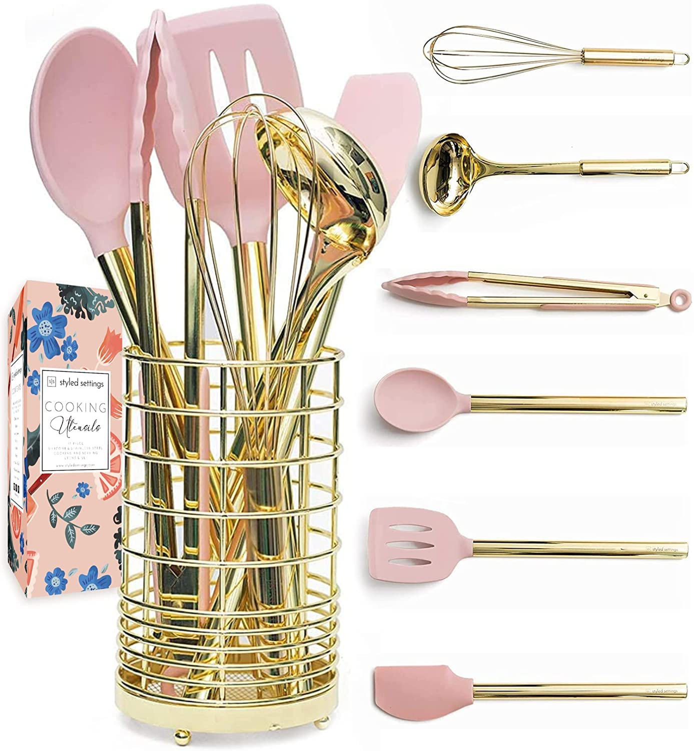 Premium 14-Piece Gold & Pink Kitchen Utensil Set with Holder - Stainless Steel Cooking Tools Including Whisk, Ladle, Spatula, Tongs, Spoon & Turner - Elegant Pink & Gold Kitchen Decor for Baking, Cooking & Gift Giving