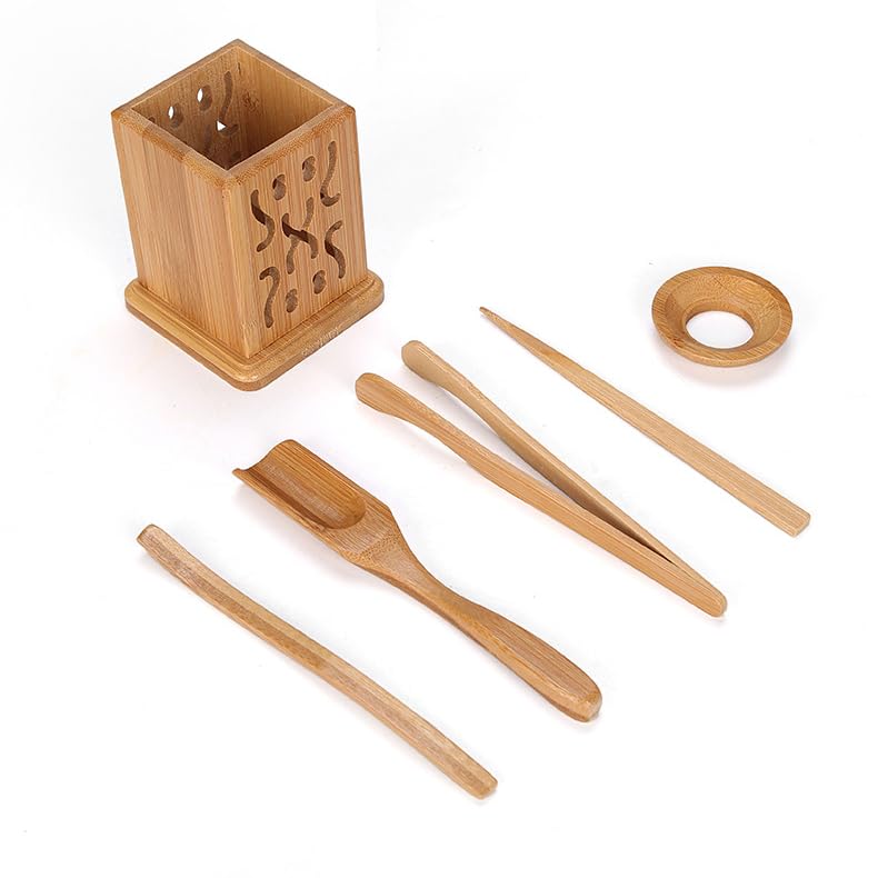 Premium Bamboo GongFu Tea Set - Tea Scoop, Tongs, Tea Needle & Funnel in Square Canister | Traditional Chinese Tea Ceremony Tools for Home & Office Tea Brewing