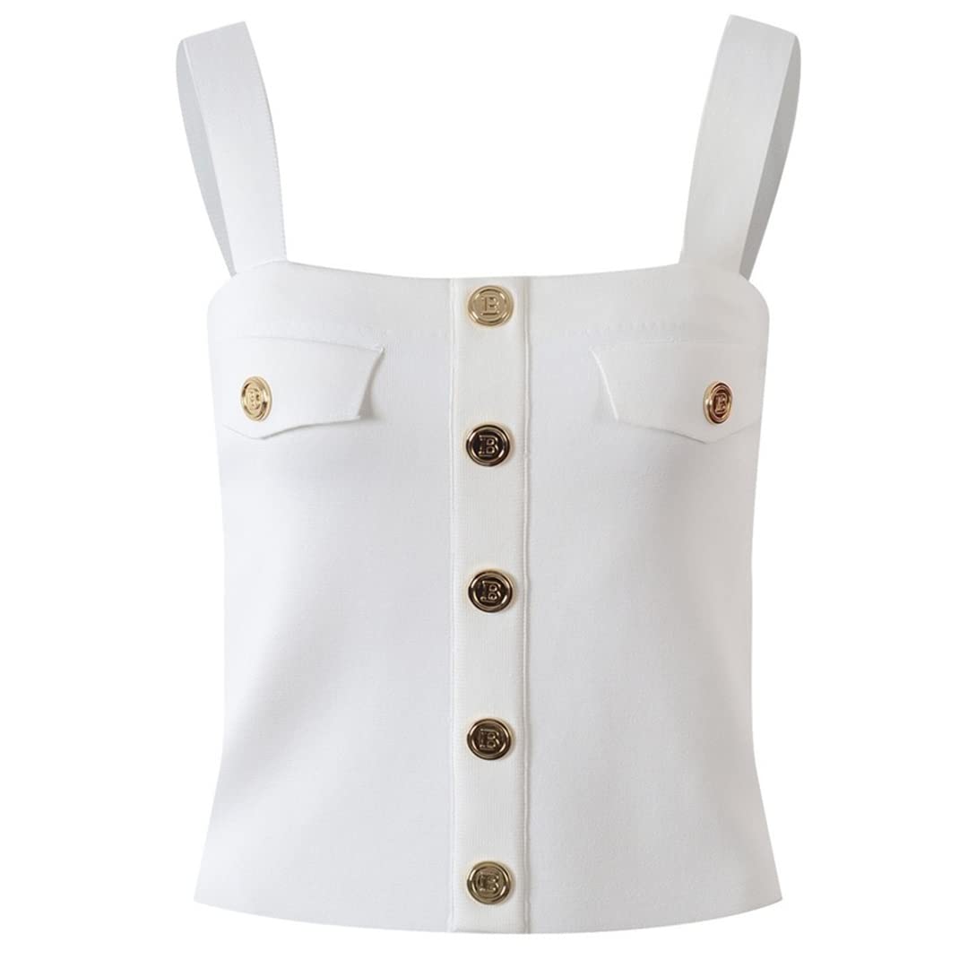 Women's Summer Knit Tank Top with Gold Buttons - Casual White & Black Sleeveless Shirt for Beach, Vacation, and Everyday Wear