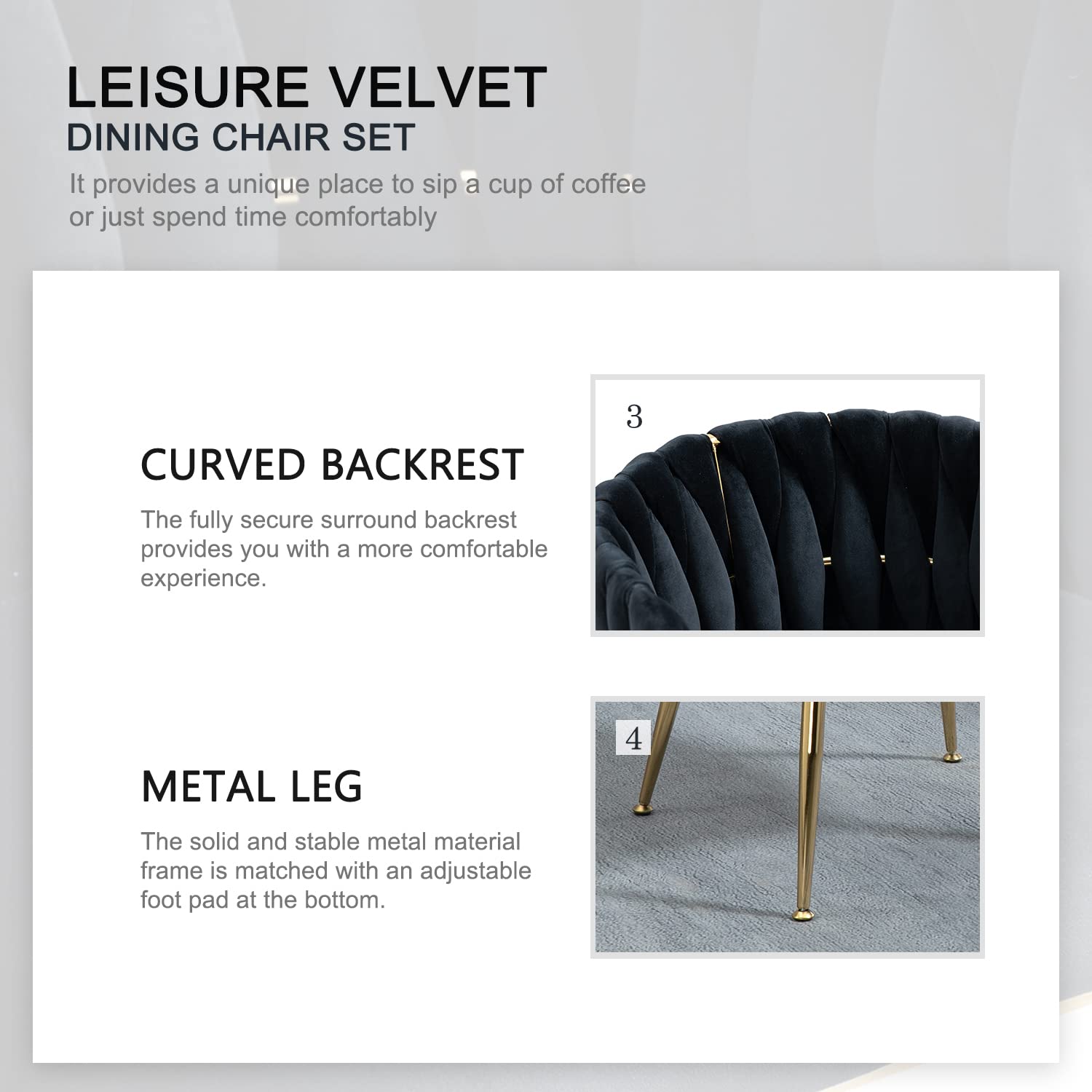 Nrizc Set of 2 Modern Velvet Upholstered Dining Chairs with Gold Metal Legs - Elegant Woven Accent Chairs for Living Room, Kitchen & Dining Room (Black) - Perfect for Home Decor, Dinner Parties & Cozy Gatherings