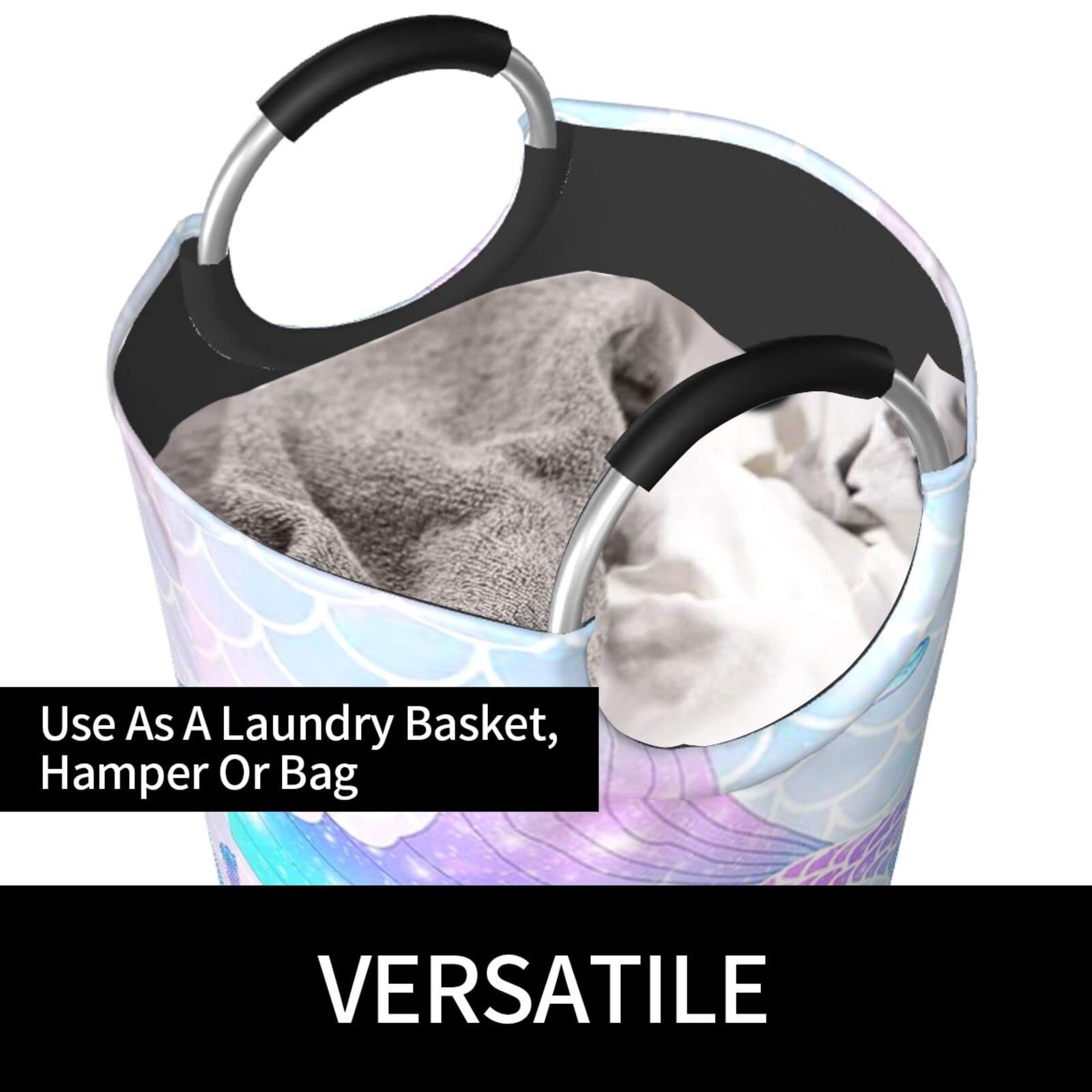 Collapsible Laundry Basket with Mermaid Tail Design - Durable Clothes Hamper for Dirty Laundry Storage - Glittery Purple & Pink Galaxy Pattern - Perfect for Bedroom, Bathroom, and Dorm Organization