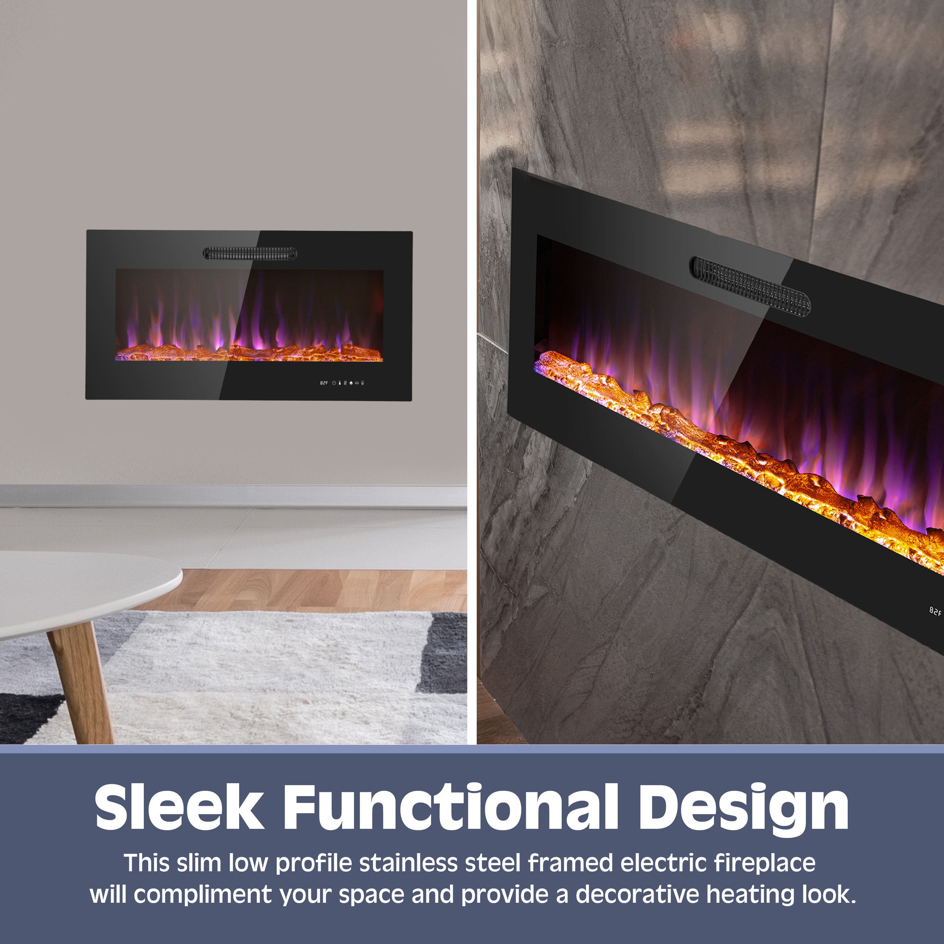50 Inch LED Slim Electric Fireplace Insert - Wall Mounted with 1500W Heater, Adjustable Realistic Flame, Remote Control | Log & Crystal Ember Options | Perfect for Living Room, Bedroom & Office Heating & Ambiance