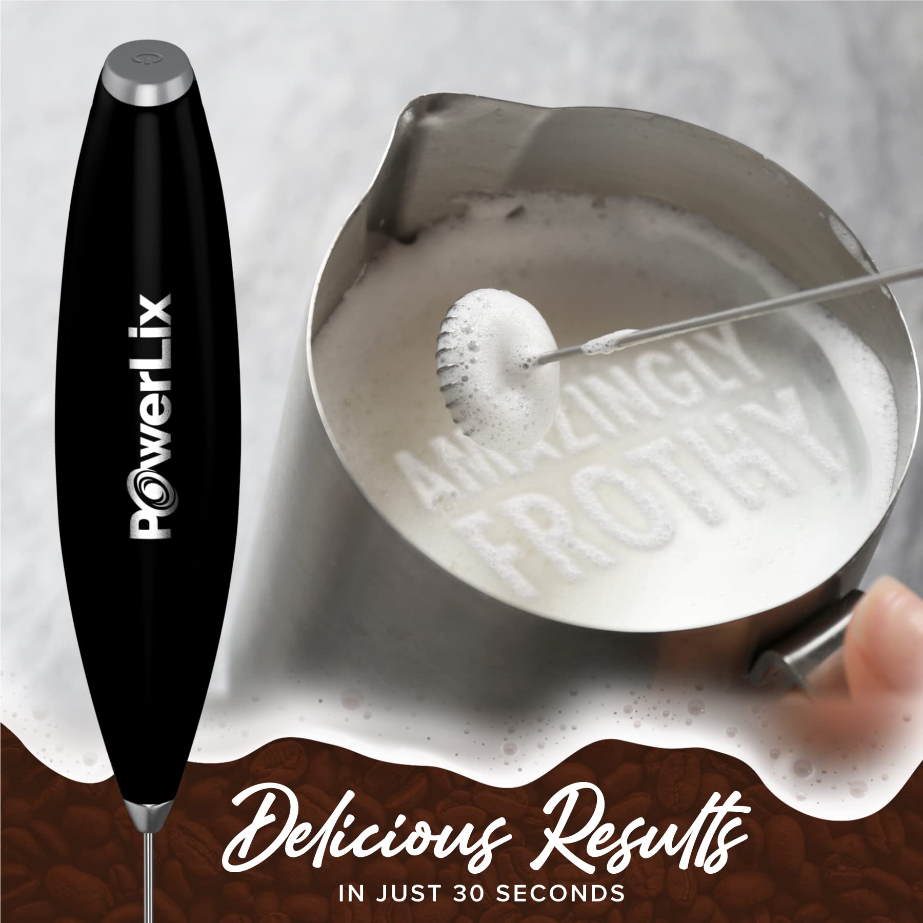 PowerLix Handheld Milk Frother - Battery Operated Foam Maker for Coffee, Latte & Cappuccino - Matte Black (Stand Not Included) - Perfect for Home, Office & Coffee Shops