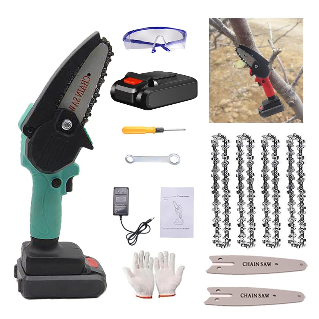 4 Inch Mini Chainsaw Cordless - Electric Handheld Chainsaw with Security Lock for Wood Cutting & Tree Trimming | Portable Power Tool for Gardening, DIY Projects & Outdoor Use