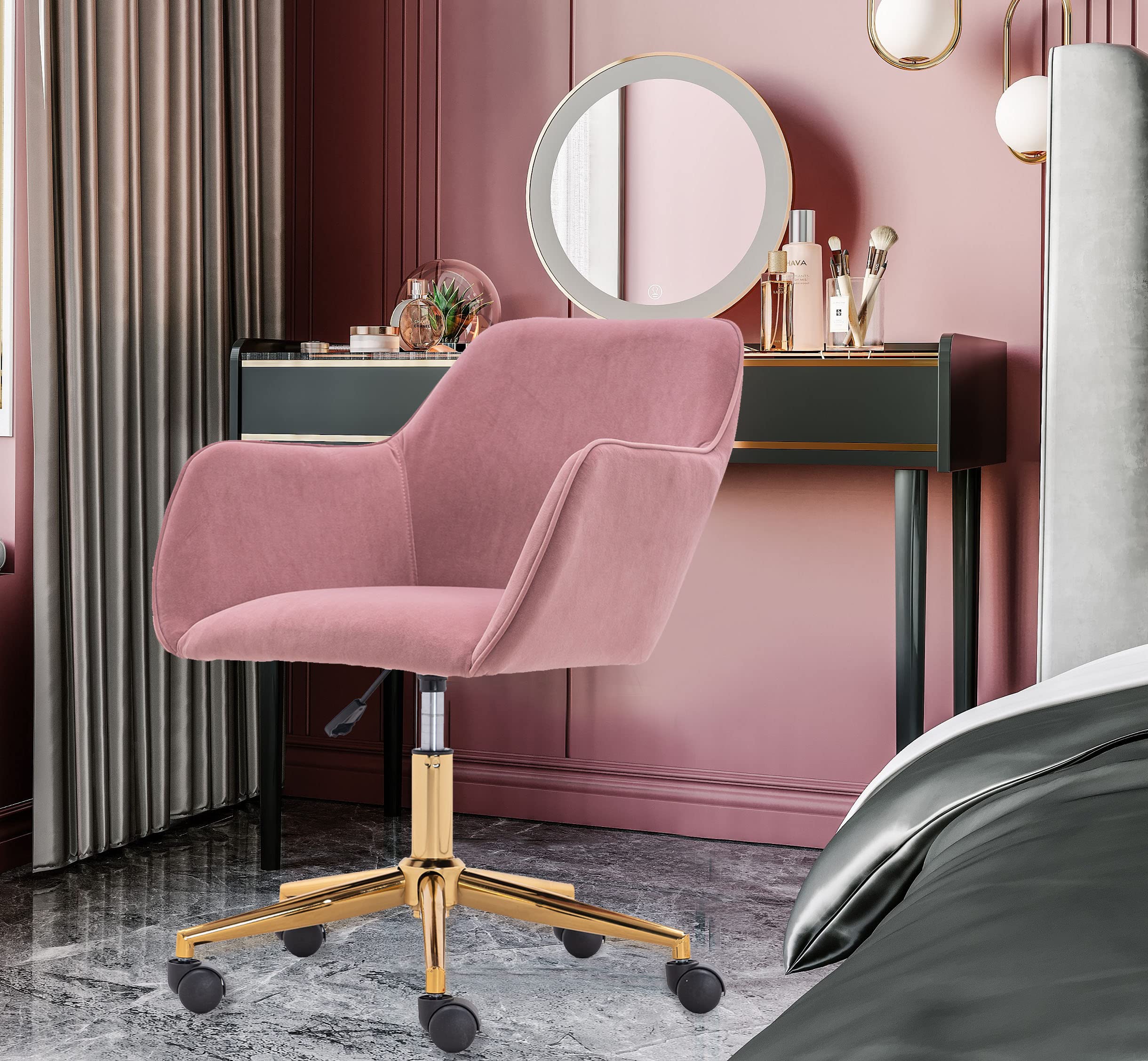 Modern Velvet Home Office Chair - Adjustable Swivel Desk Chair with Lumbar Support, Ergonomic Computer Chair for Women & Teens, Pink Upholstered Task Chair for Living Room, Bedroom & Home Office Workspace